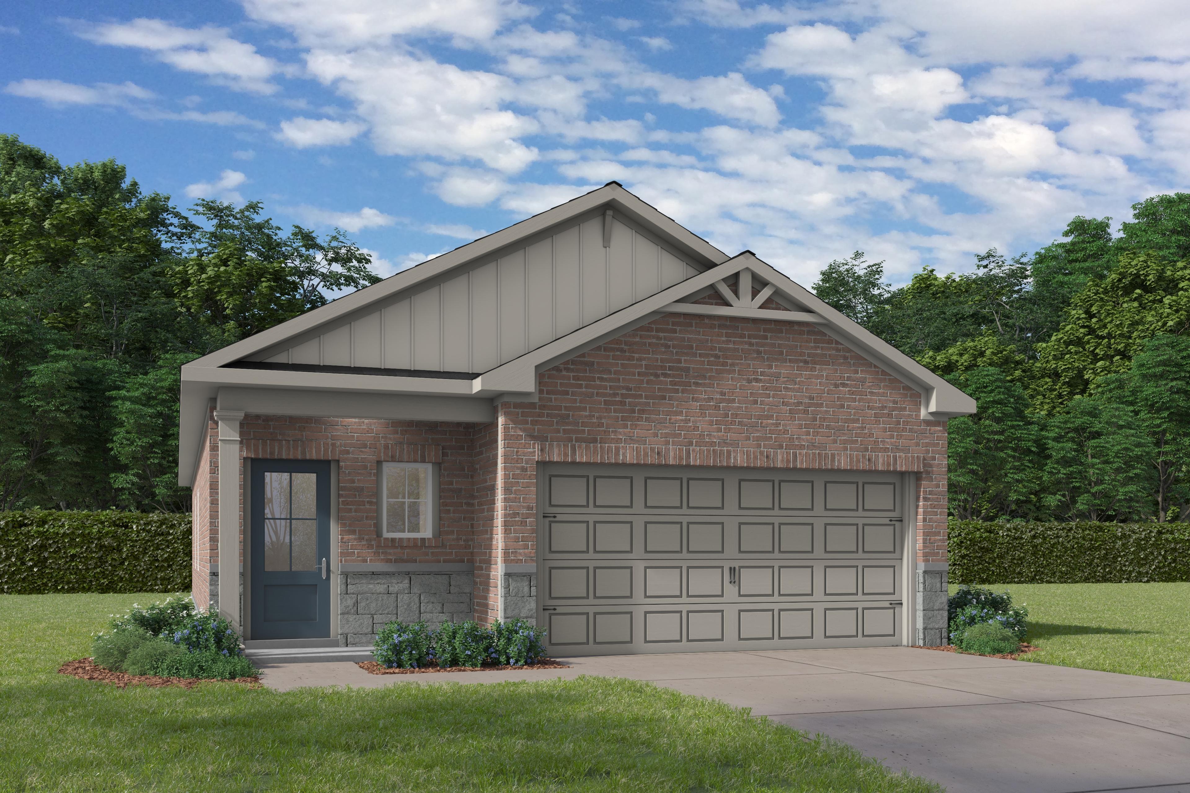 The Frio G single-story home elevation in Conroe Texas featuring brick and gray siding exterior, 2-car garage, gabled roof, landscaped front yard