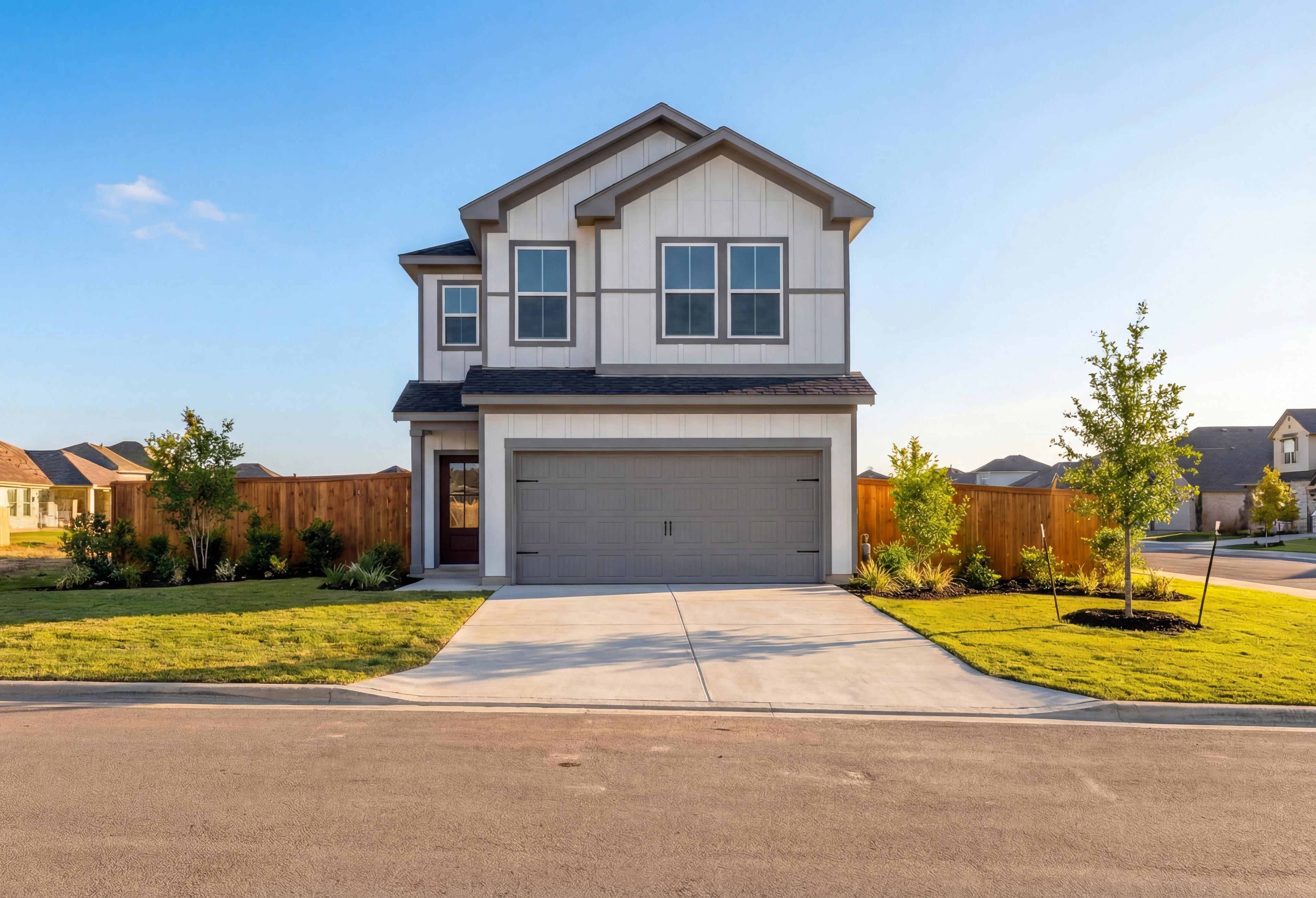 Two-story The Gillian C elevation featuring white shiplap siding, dark trim, two-car garage, and landscaped yard in San Antonio