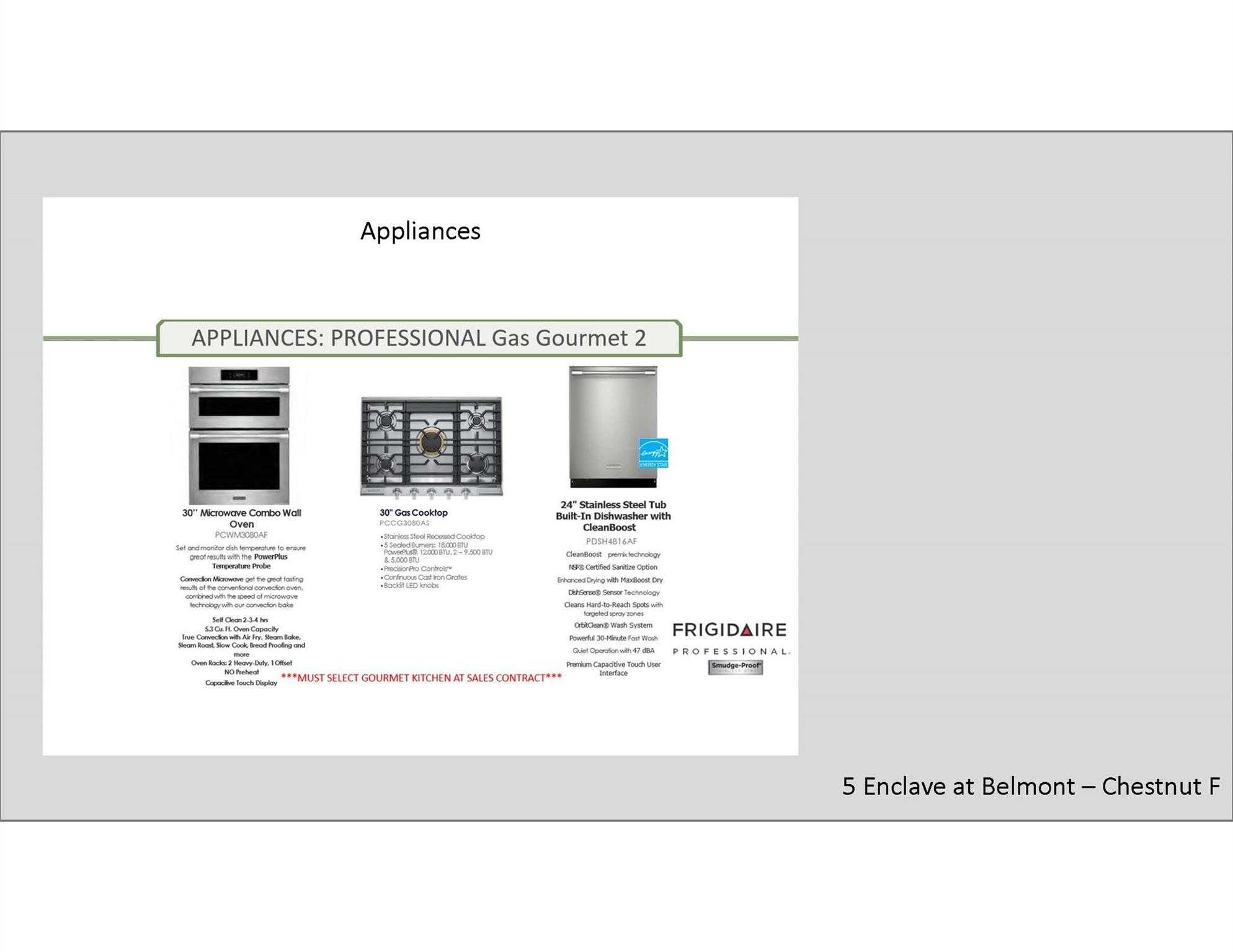 Professional gas gourmet Frigidaire appliances: wall oven, cooktop, dishwasher in Davidson Homes Chestnut F, Enclave at Belmont, NC