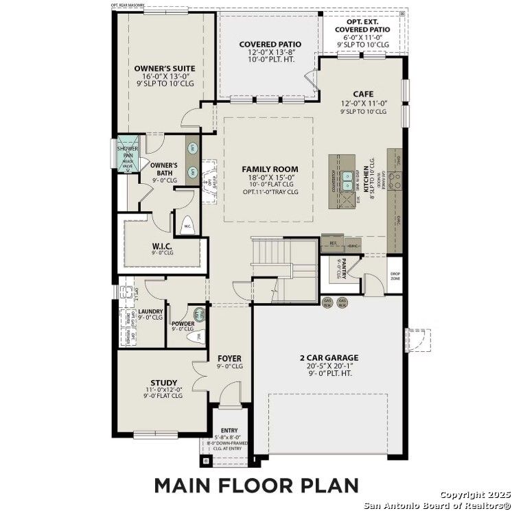 The Sequoia A main floor plan: 4-bed, 3.5-bath layout with open kitchen, family room, owner's suite, study, and 2-car garage in Royal Crest, San Antonio