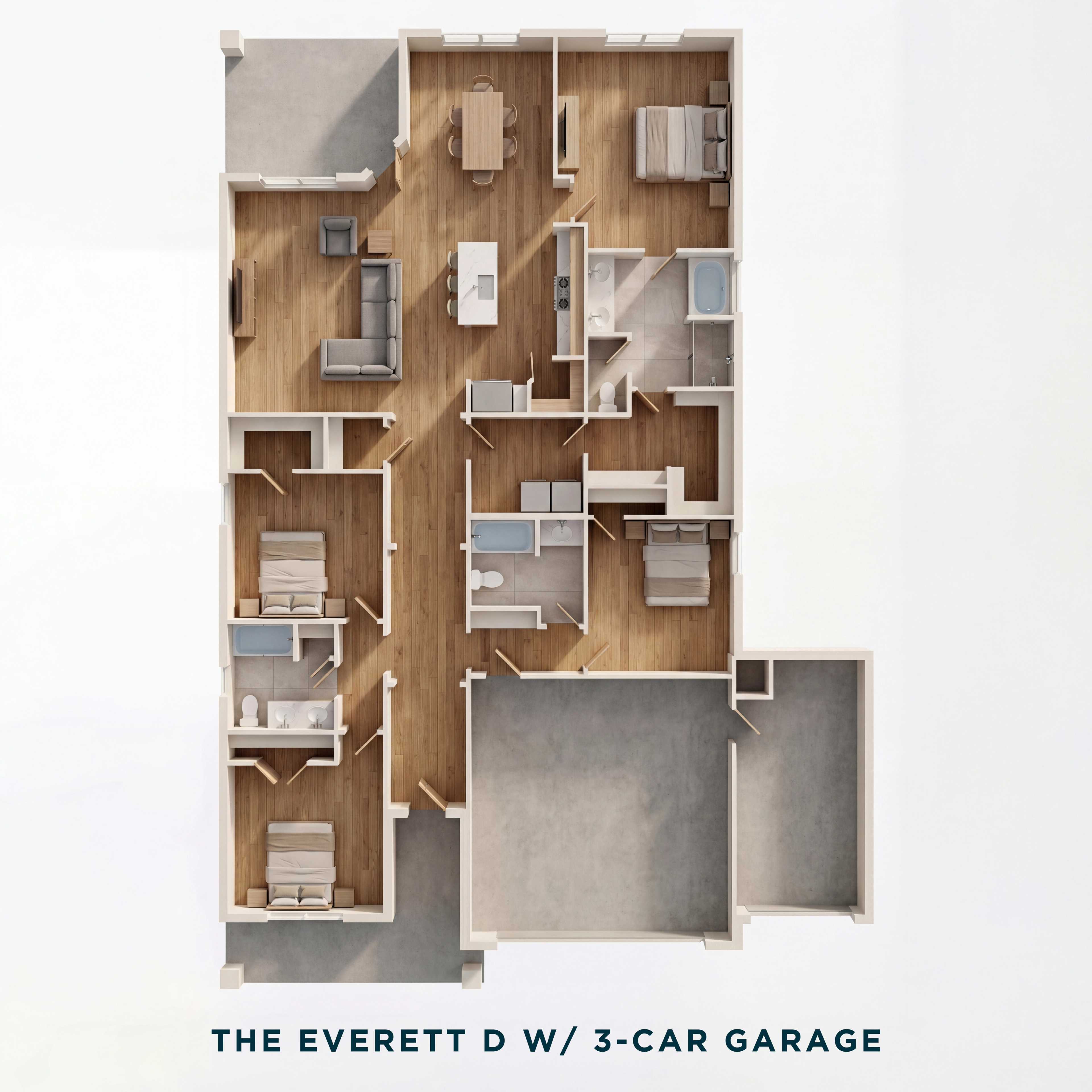 The Everett D 4-bedroom single-story floor plan with open living areas, master suite, and 3-car garage
