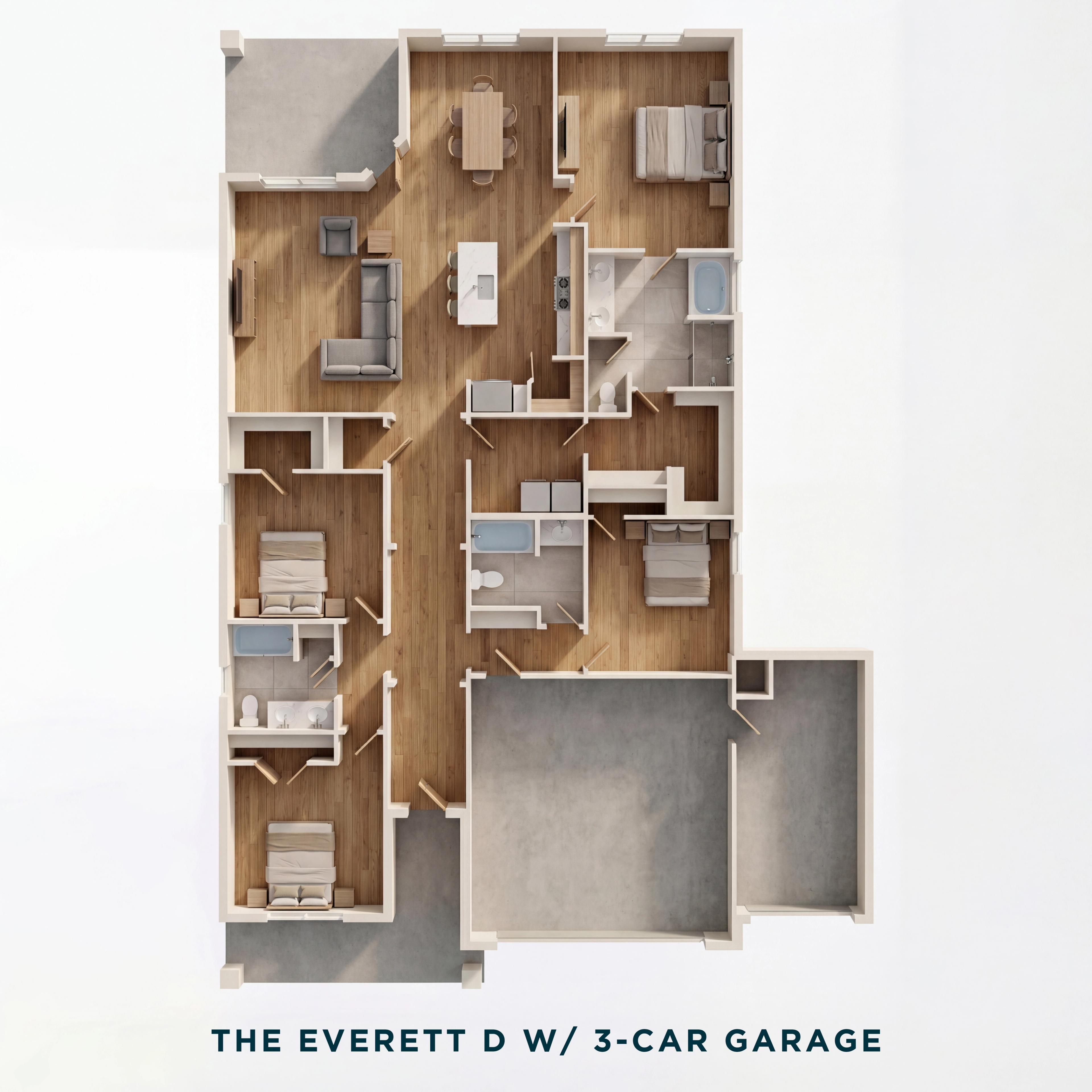 The Everett D 4-bedroom single-story floor plan with open living areas, master suite, and 3-car garage