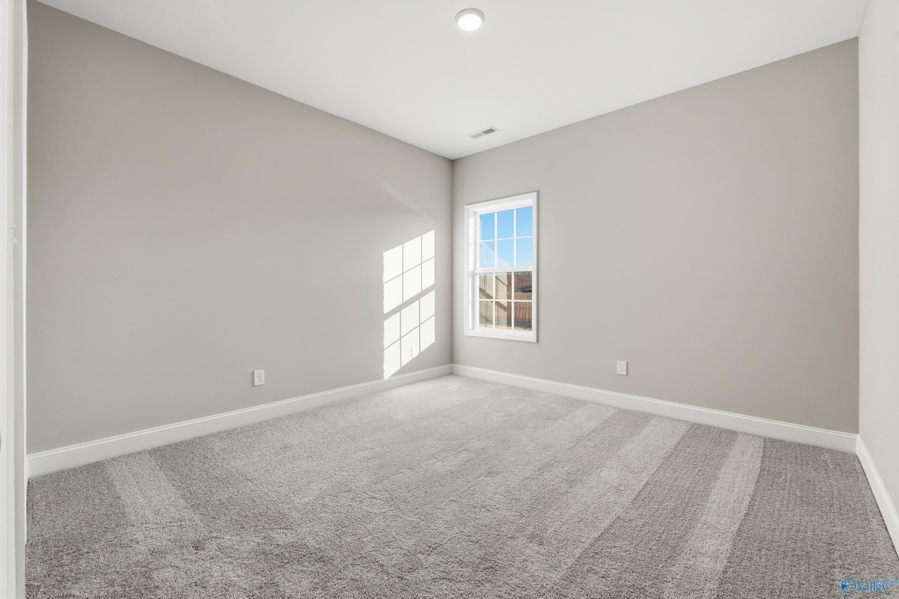 Bright empty bedroom with light gray walls, plush carpet, and sunlit window in 4-bedroom The Lanier home, Toney, Alabama