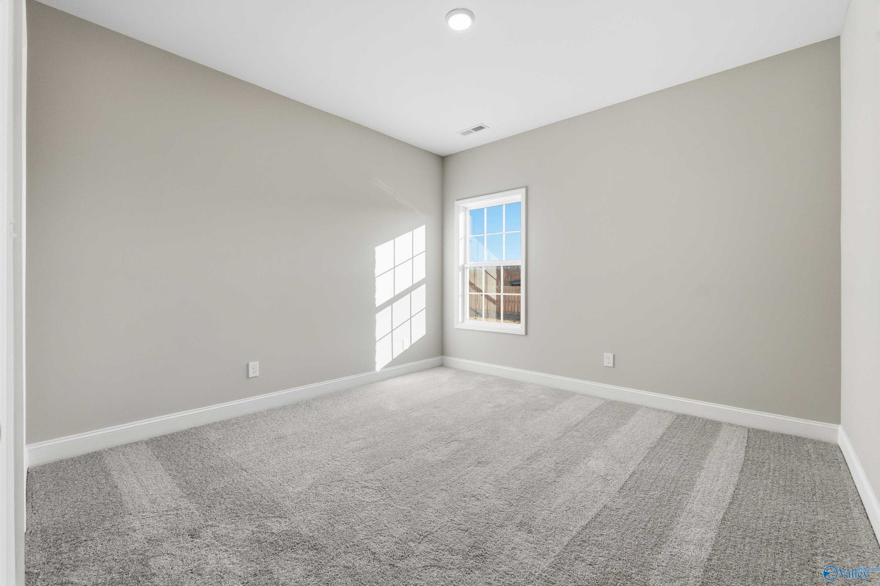 Bright empty bedroom with light gray walls, plush carpet, and sunlit window in 4-bedroom The Lanier home, Toney, Alabama