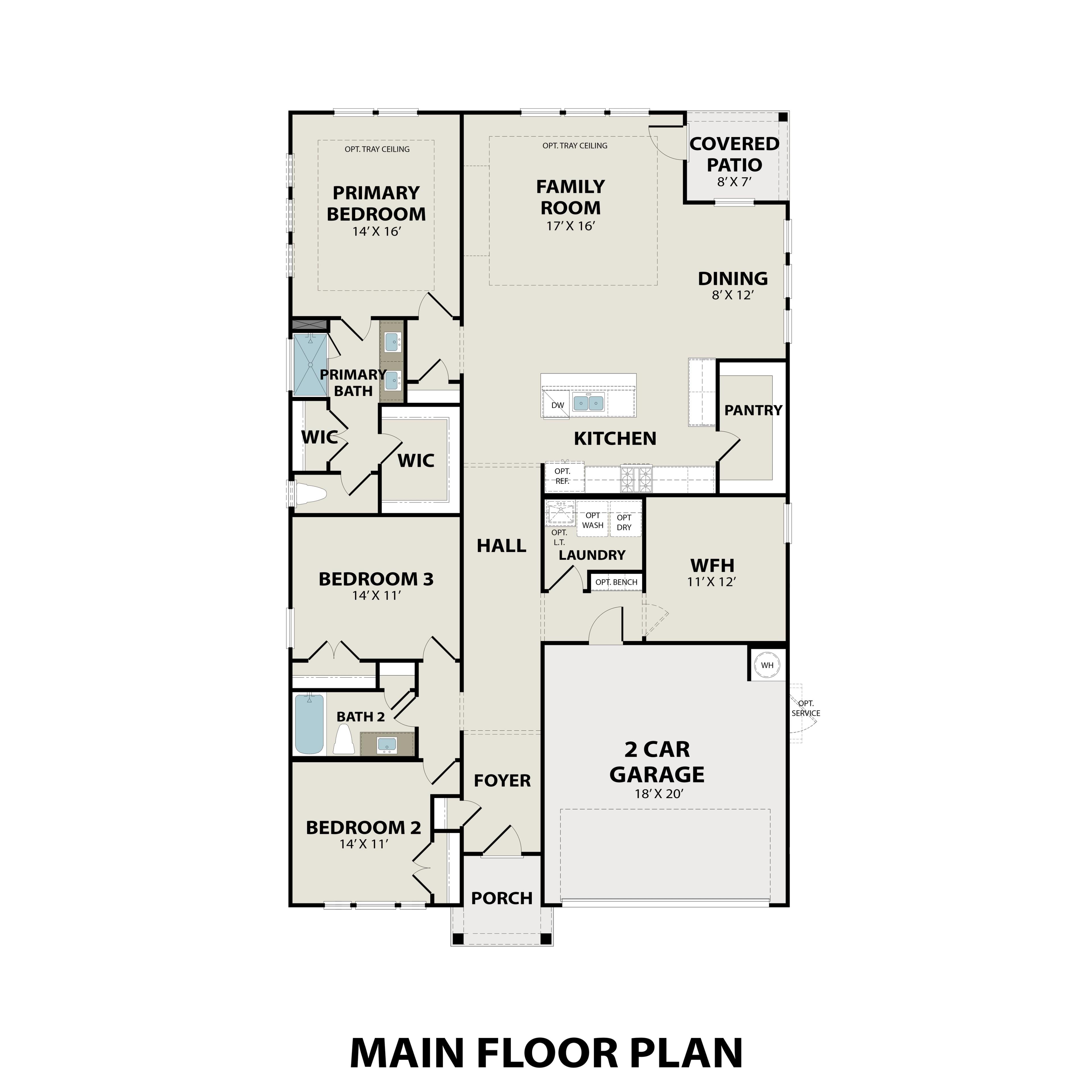 Main floor plan of The Laurel M showcasing primary suite, open family room, kitchen, dining, and 2-car garage