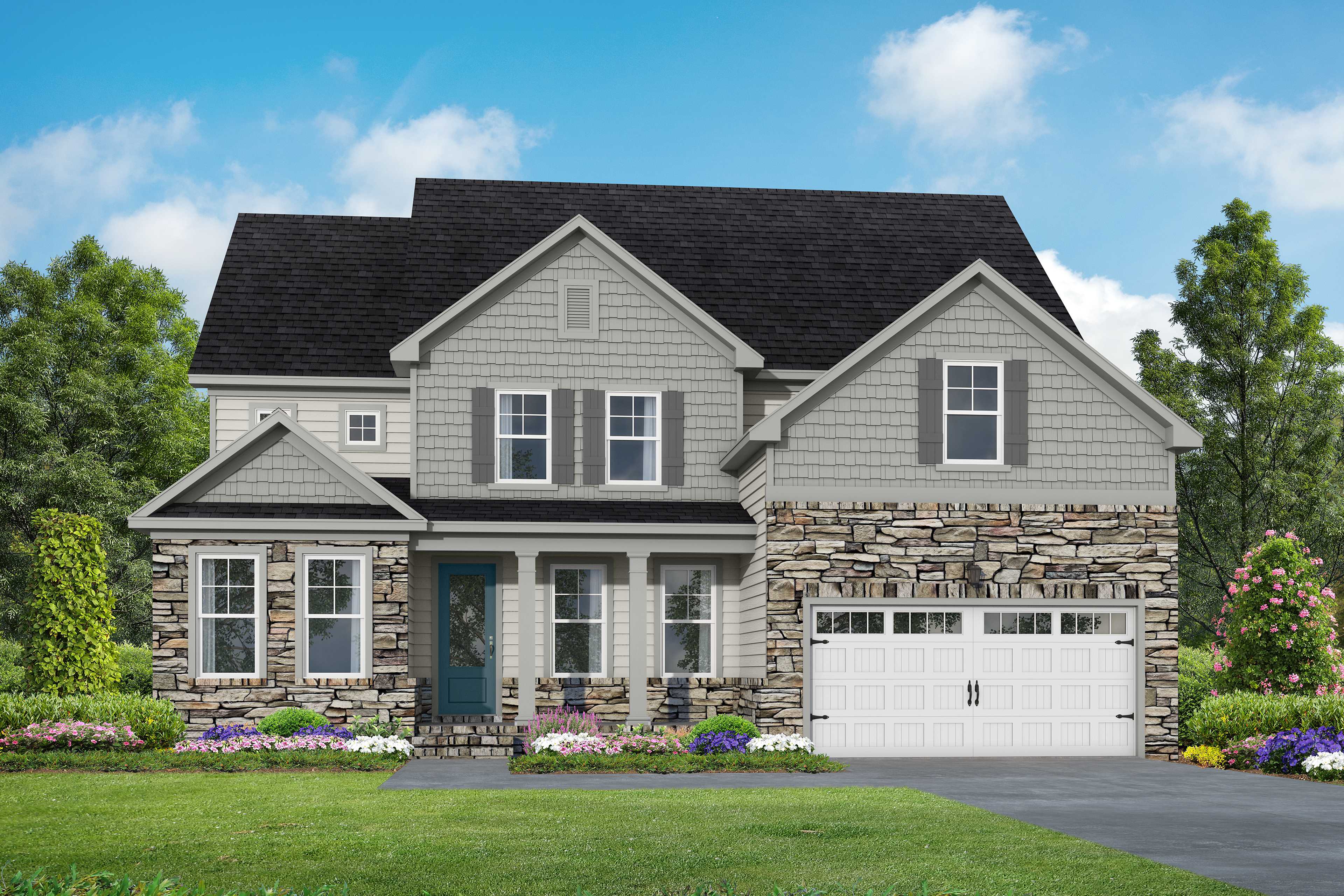 Two-story Crawford home elevation with gray siding, stone accents, black roof, front porch, and two-car garage amid lush landscaping