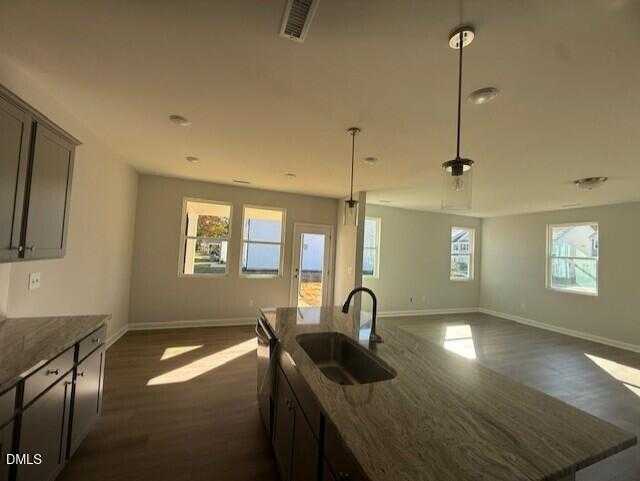 Bright open-concept kitchen with quartz island sink, pendant lights, and sliding doors to backyard in Davidson Homes The Gavin B, Lillington, NC