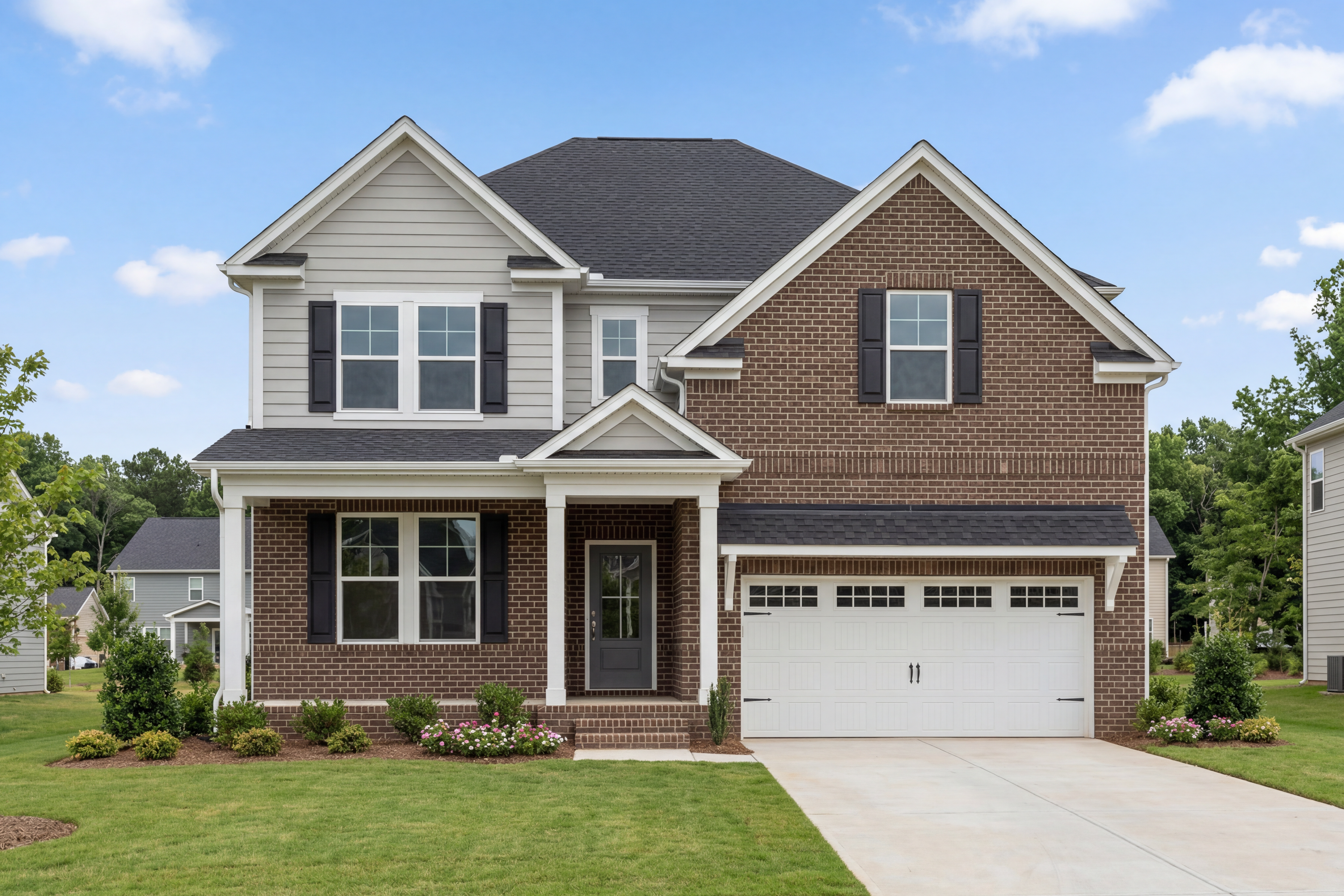 Two-story Hemlock F home elevation with brick and siding facade, covered front porch, two-car garage, and landscaped yard in Belmont NC