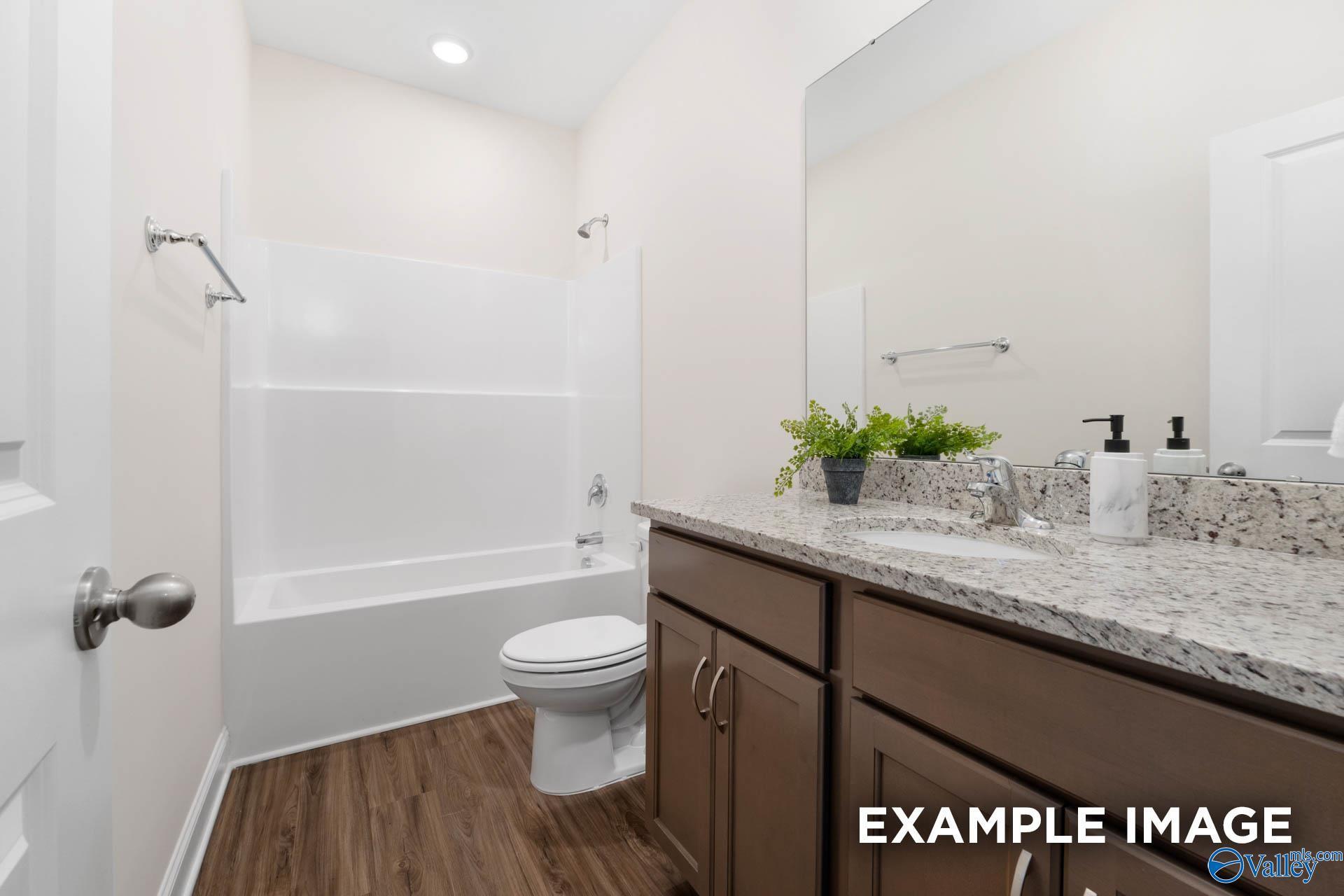 Full bathroom with granite vanity and tub-shower combo in The Daphne D floor plan, Spragins Cove, Huntsville, Alabama.