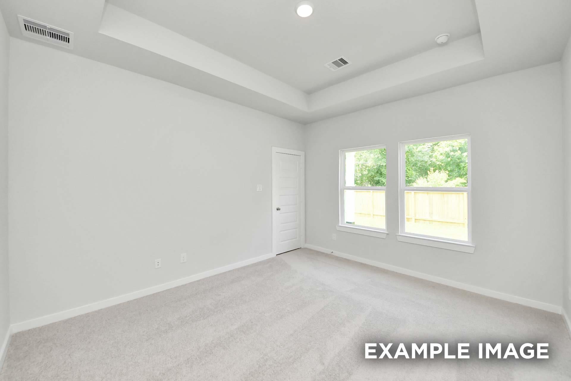 Bright bedroom with tray ceiling, carpet flooring, and dual windows overlooking backyard in Davidson Homes Blanco E, Magnolia TX