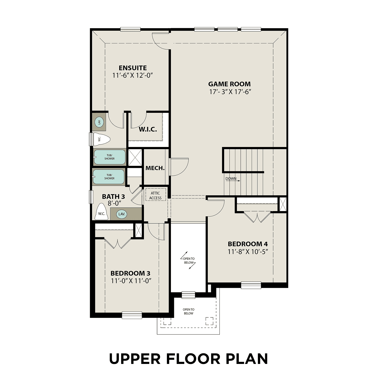 Second floor layout of The Philip A showcasing bedrooms 3 and 4, ensuite bath, game room, and Bath 3 in 2,884 sq ft home