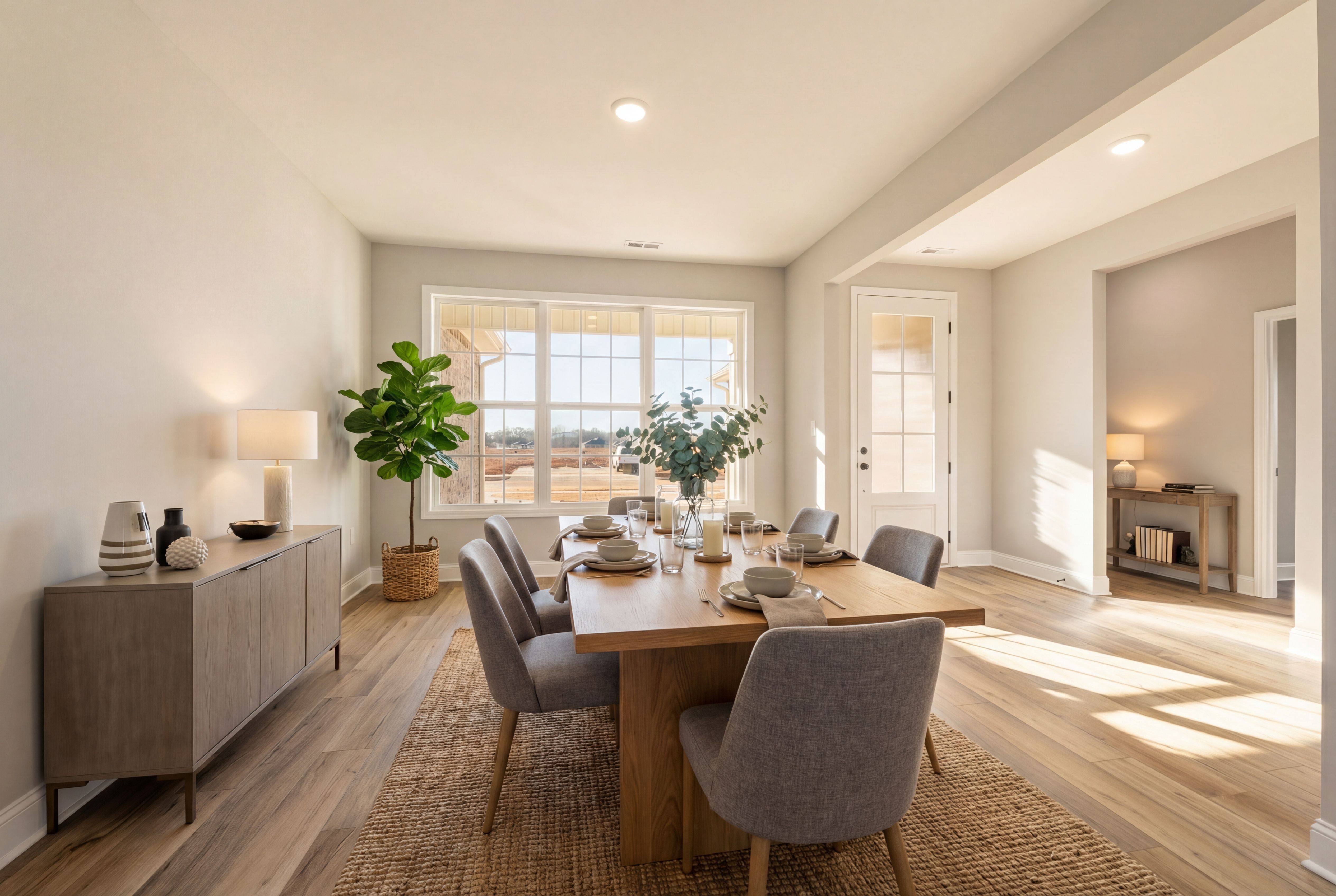 Spacious Valencia dining room with wooden farmhouse table, gray upholstered chairs, potted fiddle leaf fig, and sunlit windows