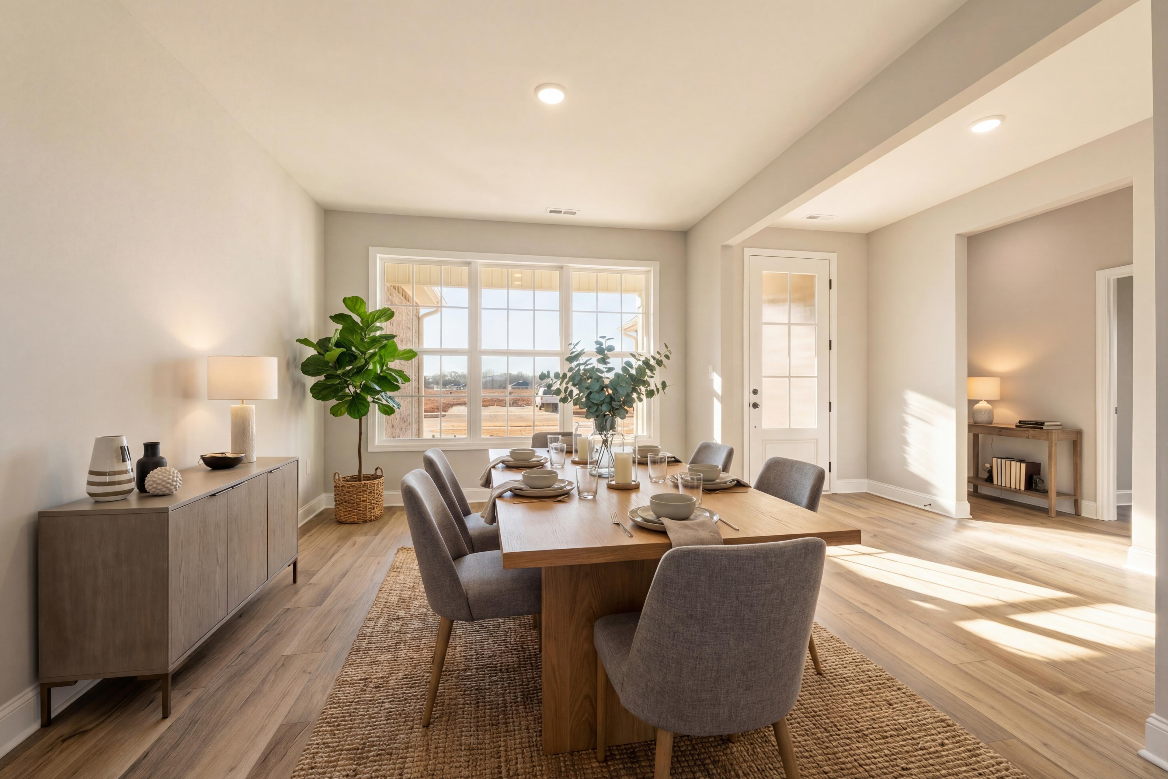 Spacious Valencia dining room with wooden farmhouse table, gray upholstered chairs, potted fiddle leaf fig, and sunlit windows