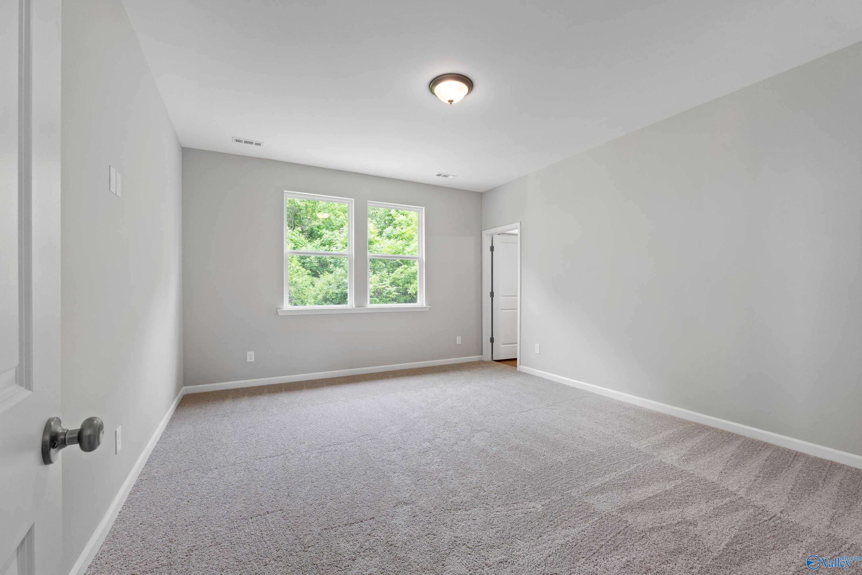 Bright empty bedroom with neutral gray walls, carpet flooring, and large windows overlooking trees in Davidson Homes The Stella, Hazel Green, Alabama