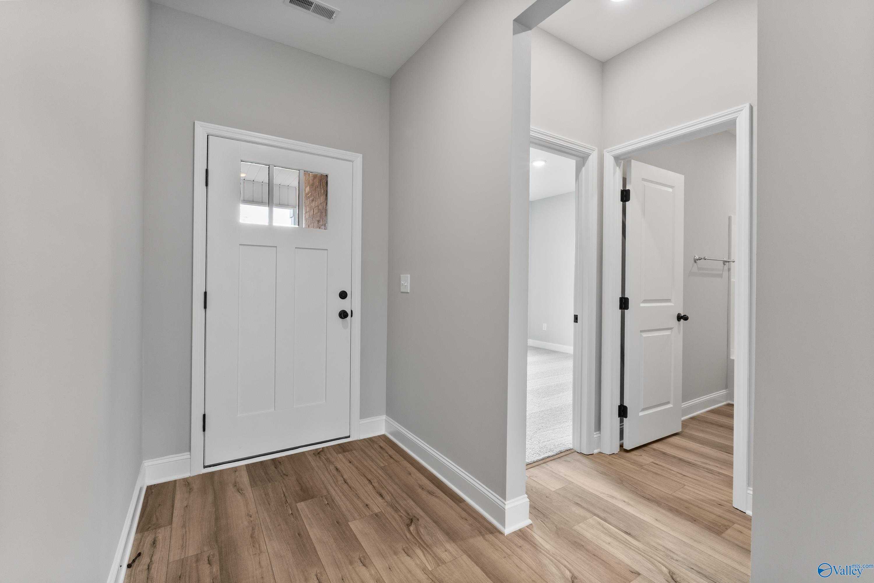 Modern hallway with light gray walls, warm wood floors, and white paneled doors in Davidson Homes The Franklin B, Hazel Green, Alabama