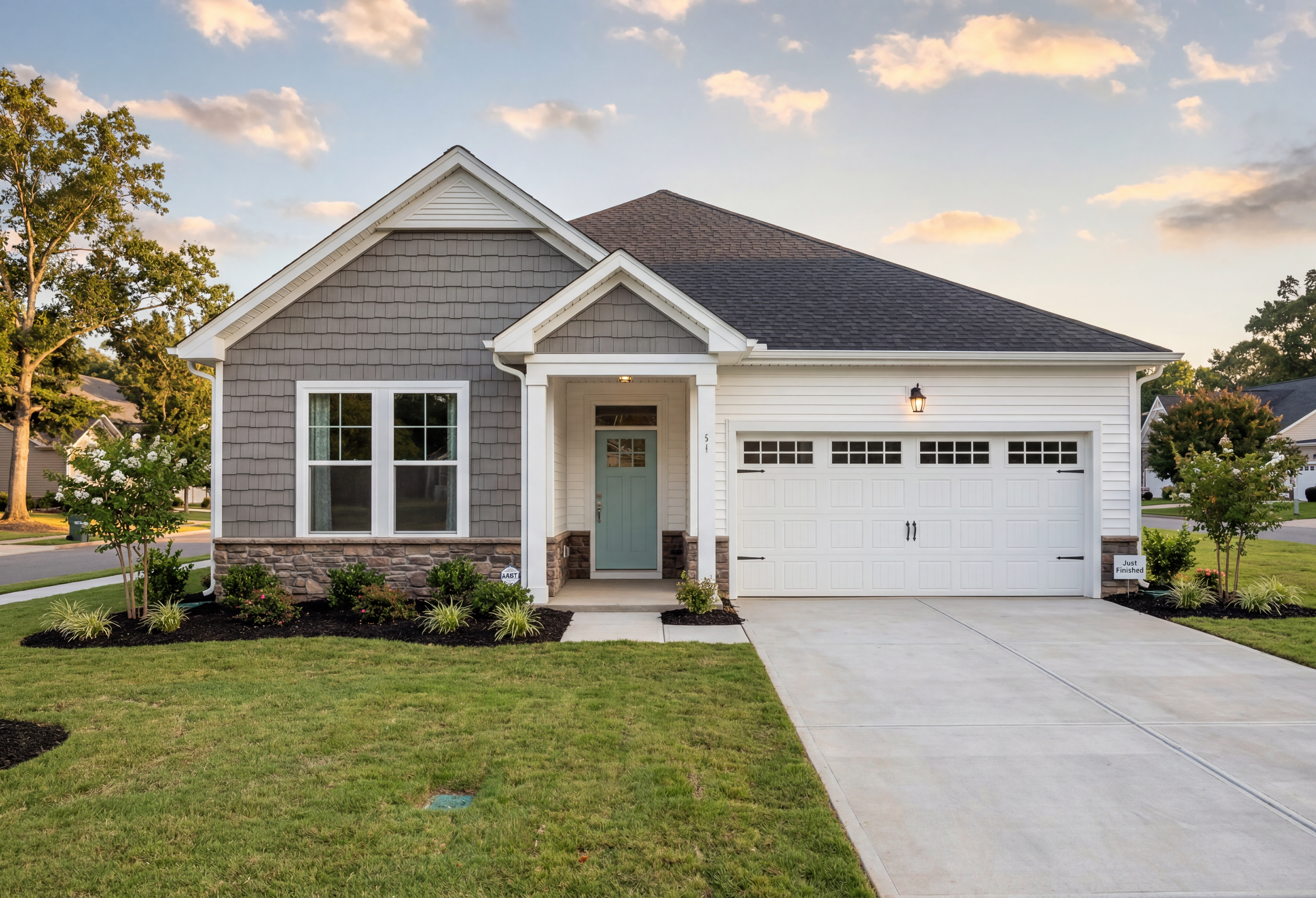 Modern single-story exterior of The Daphne C showcasing gray siding, covered porch with teal door, and two-car garage in Mooresville