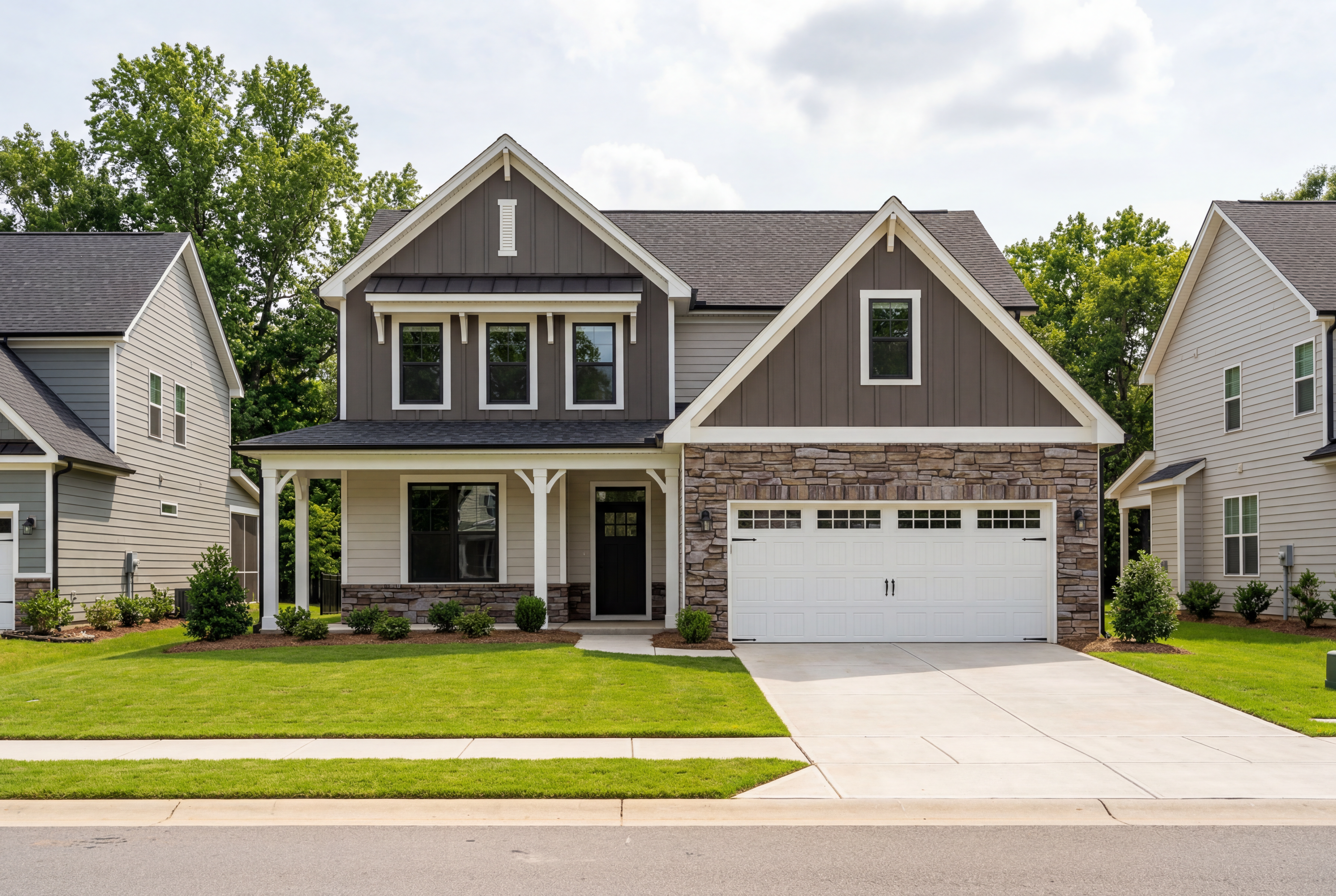 Two-story craftsman elevation of The Ash D showcasing gray siding, stone accents, front porch, and two-car garage in Angier NC