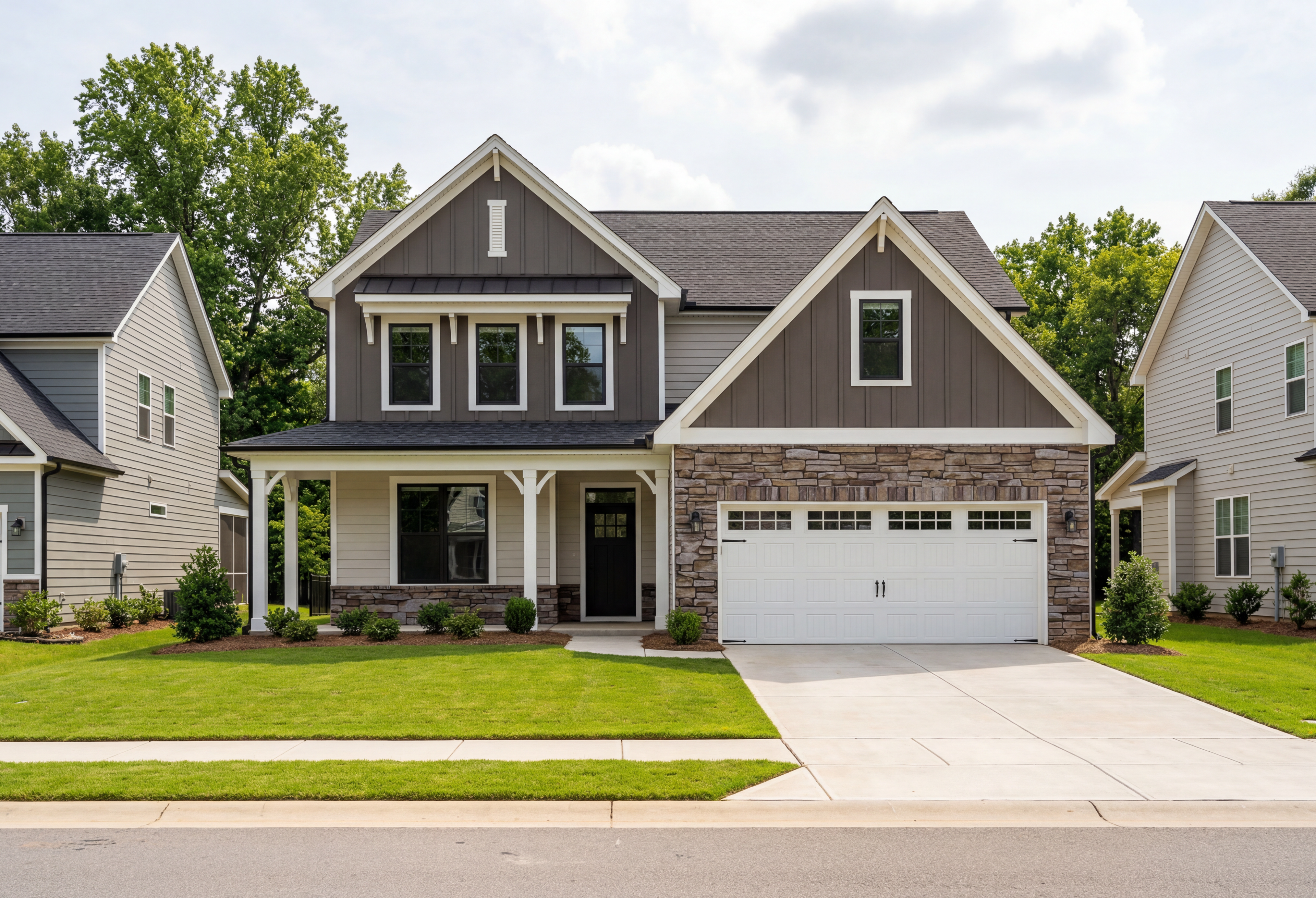 Two-story craftsman elevation of The Ash D showcasing gray siding, stone accents, front porch, and two-car garage in Angier NC