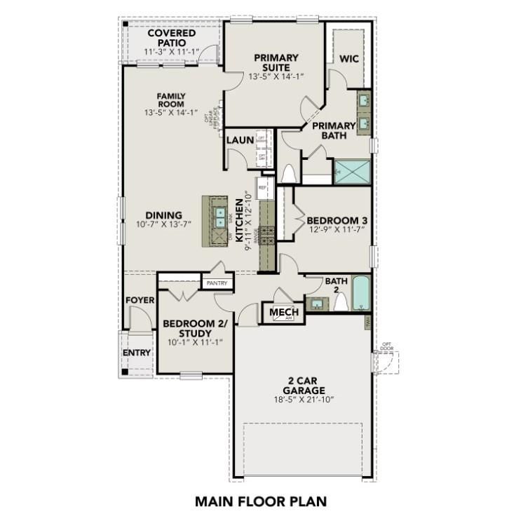 Main floor plan of The Costa B 3-car garage home: 3 beds, 2 baths, 1,438 sq ft in River Ranch Meadows, Dayton, Texas