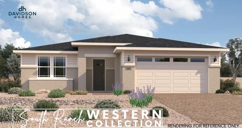 Modern single-story 3-bedroom home with 3-car garage, beige exterior, desert landscaping in South Ranch Western Collection, Prescott AZ by Davidson Homes