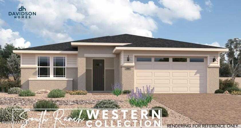 Modern single-story 3-bedroom home with 3-car garage, beige exterior, desert landscaping in South Ranch Western Collection, Prescott AZ by Davidson Homes