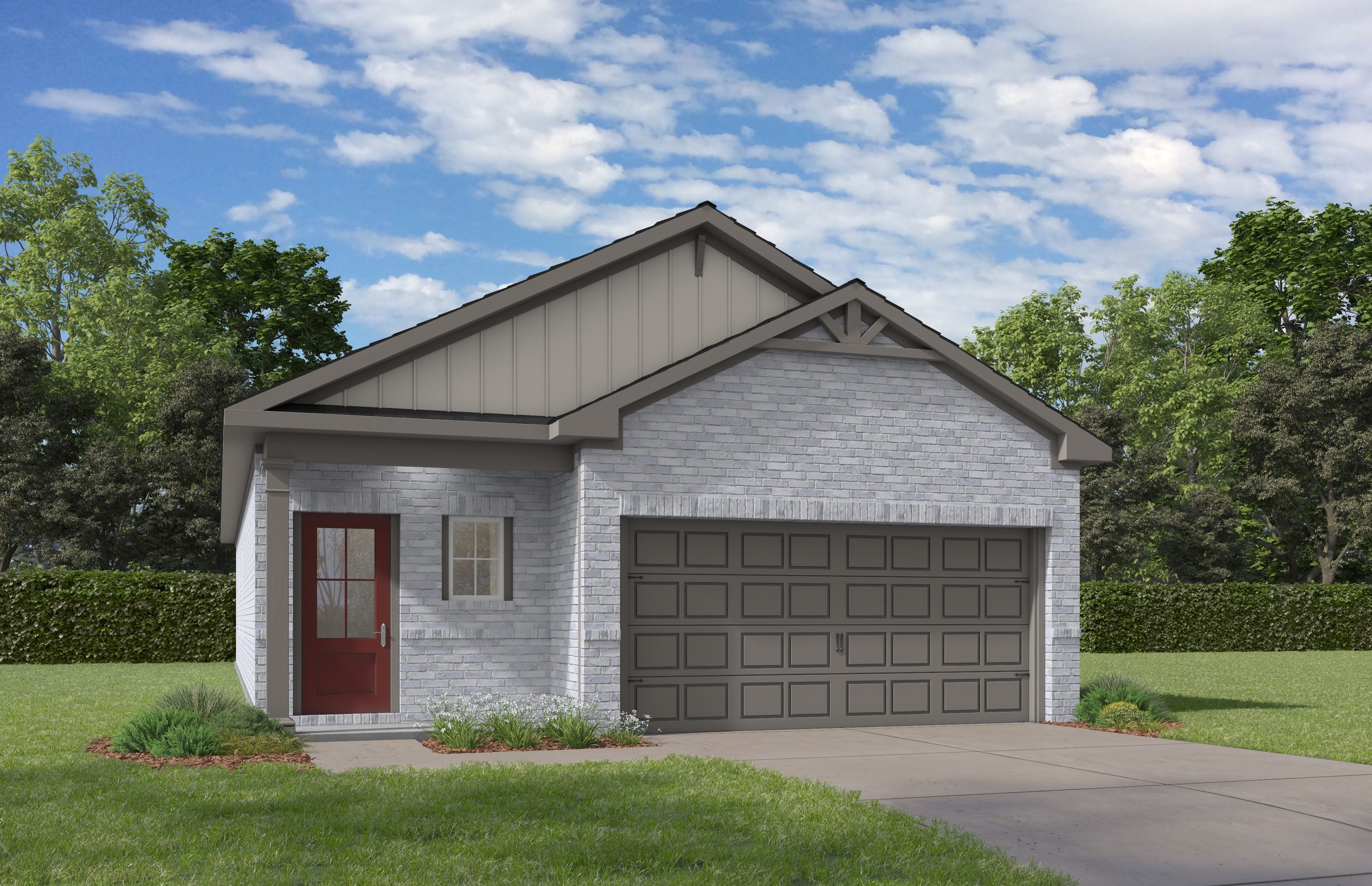 Modern white brick elevation of The Frio single-story home with grey siding, red door, and 2-car garage in Conroe Texas