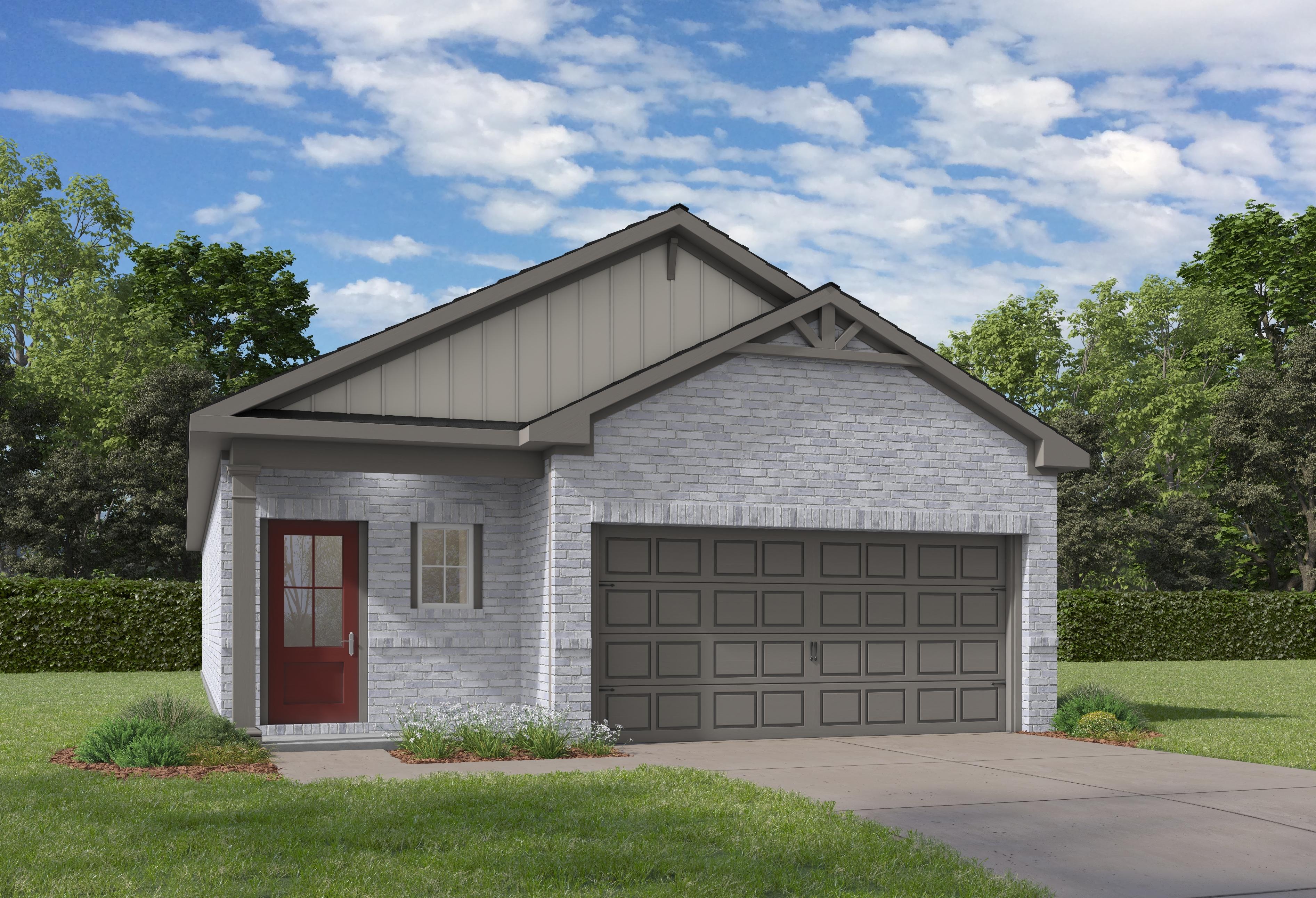 Modern white brick elevation of The Frio single-story home with grey siding, red door, and 2-car garage in Conroe Texas