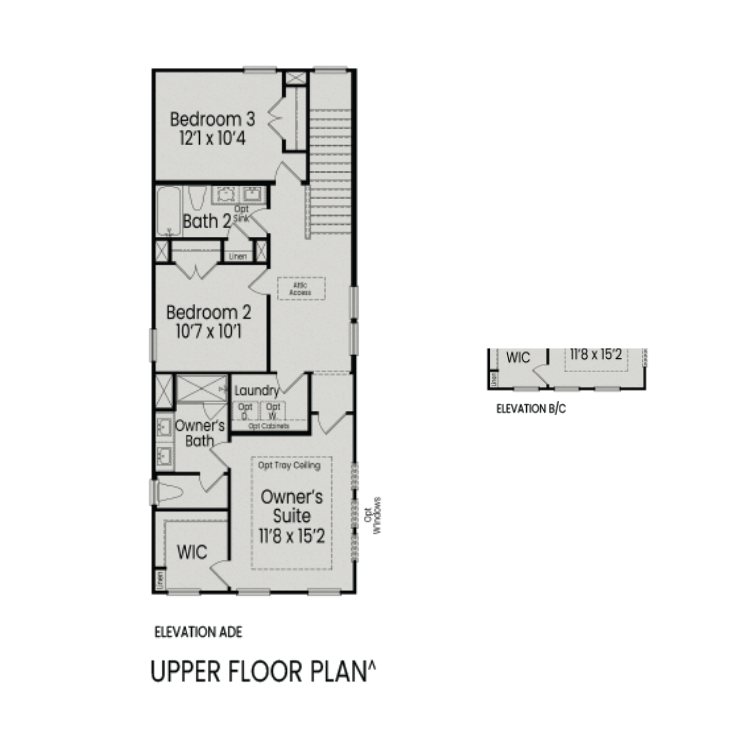 Upper floor plan of The Burke C 3-bedroom home featuring owner's suite, bedrooms 2 and 3, baths, laundry in Knightdale NC