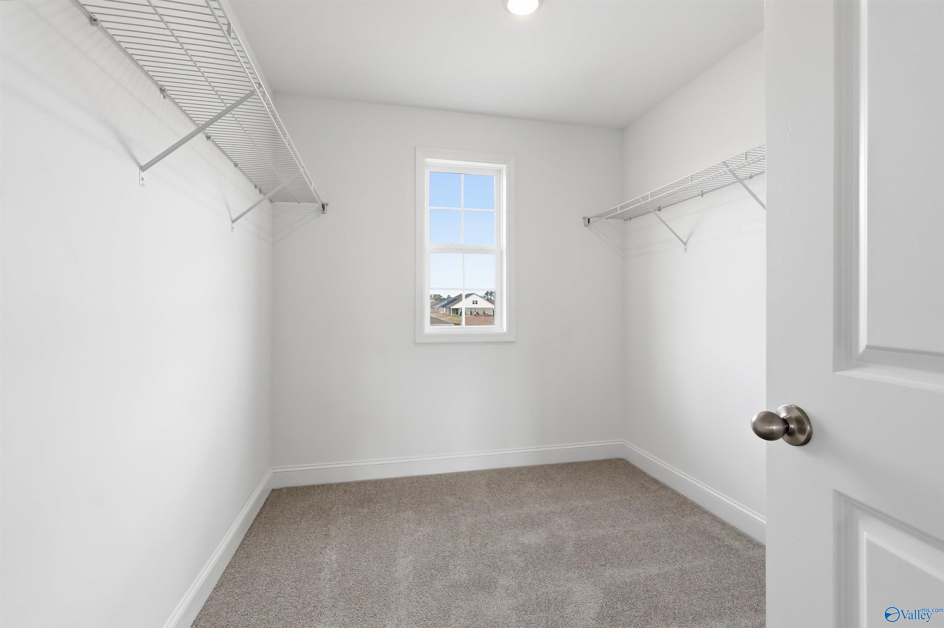 Walk-in closet with wire shelving and natural light in The Shelby D floor plan at Evergreen Mill, Madison, Alabama.