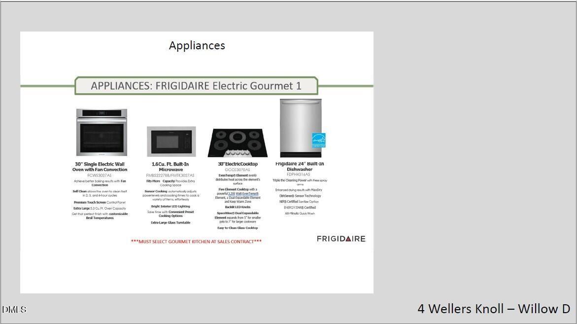 Frigidaire electric gourmet appliances: 30" wall oven, built-in microwave, cooktop, dishwasher in Willow D home, Wellers Knoll, Lillington, NC