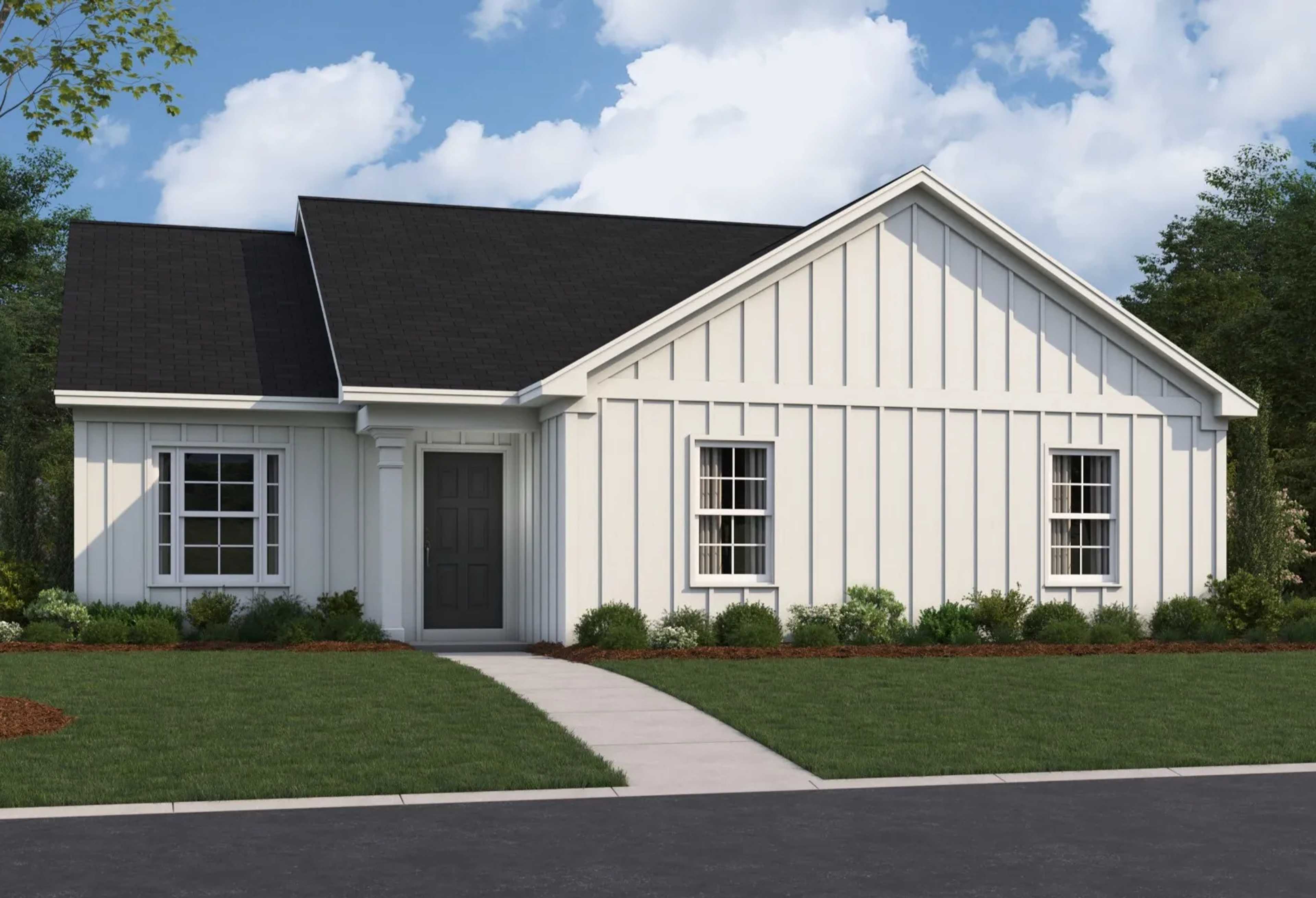 Modern farmhouse elevation of The Washington showcasing white board-and-batten siding, black gabled roof, and landscaped front yard