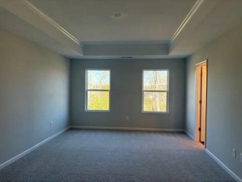 Bright secondary bedroom with tray ceiling, double windows, gray walls, and carpet in Davidson Homes Marion A, Winder, GA