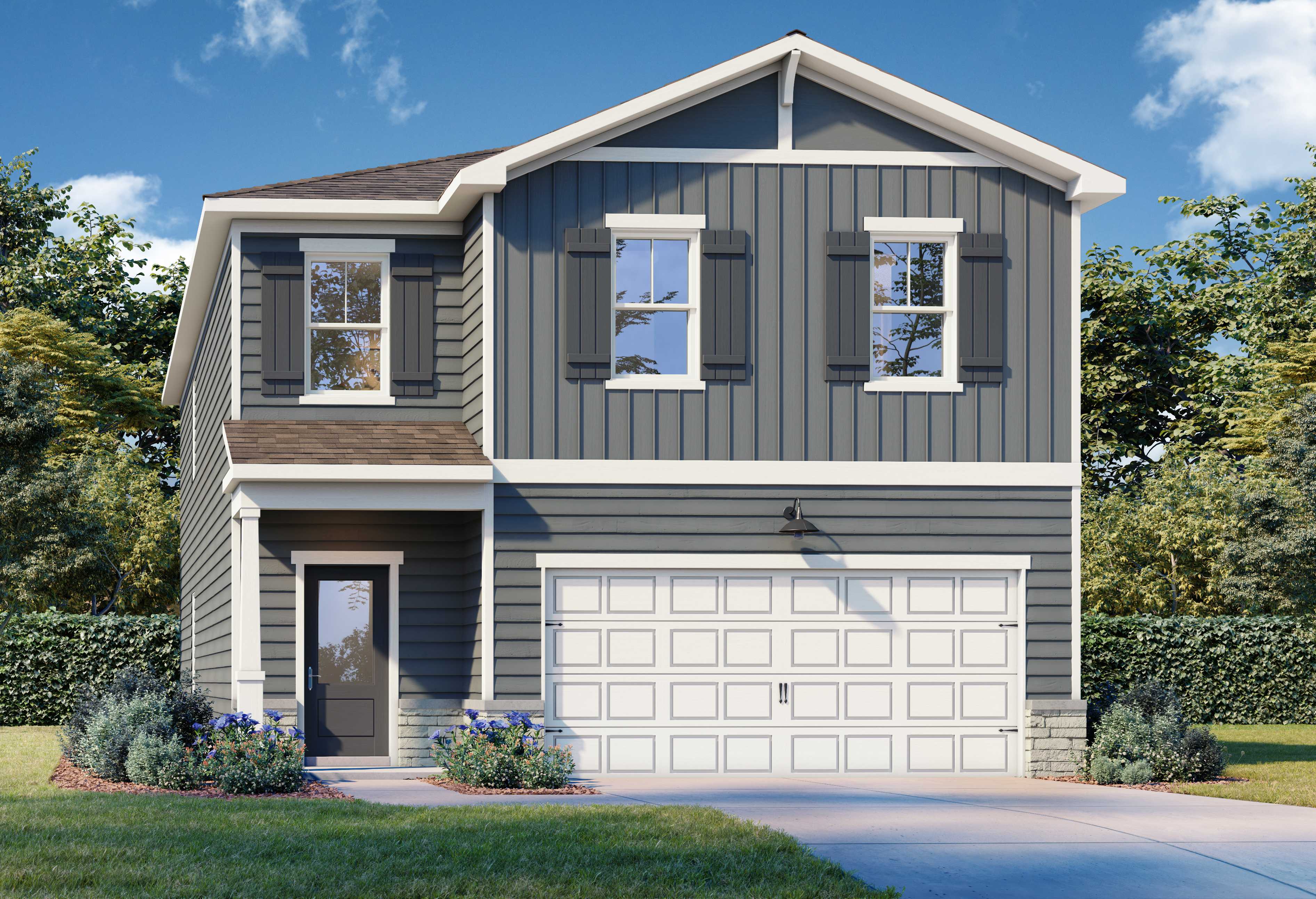 Two-story The Rabun B home exterior with gray siding, gabled roof, covered porch, and two-car garage amid landscaped yard in Canton, GA