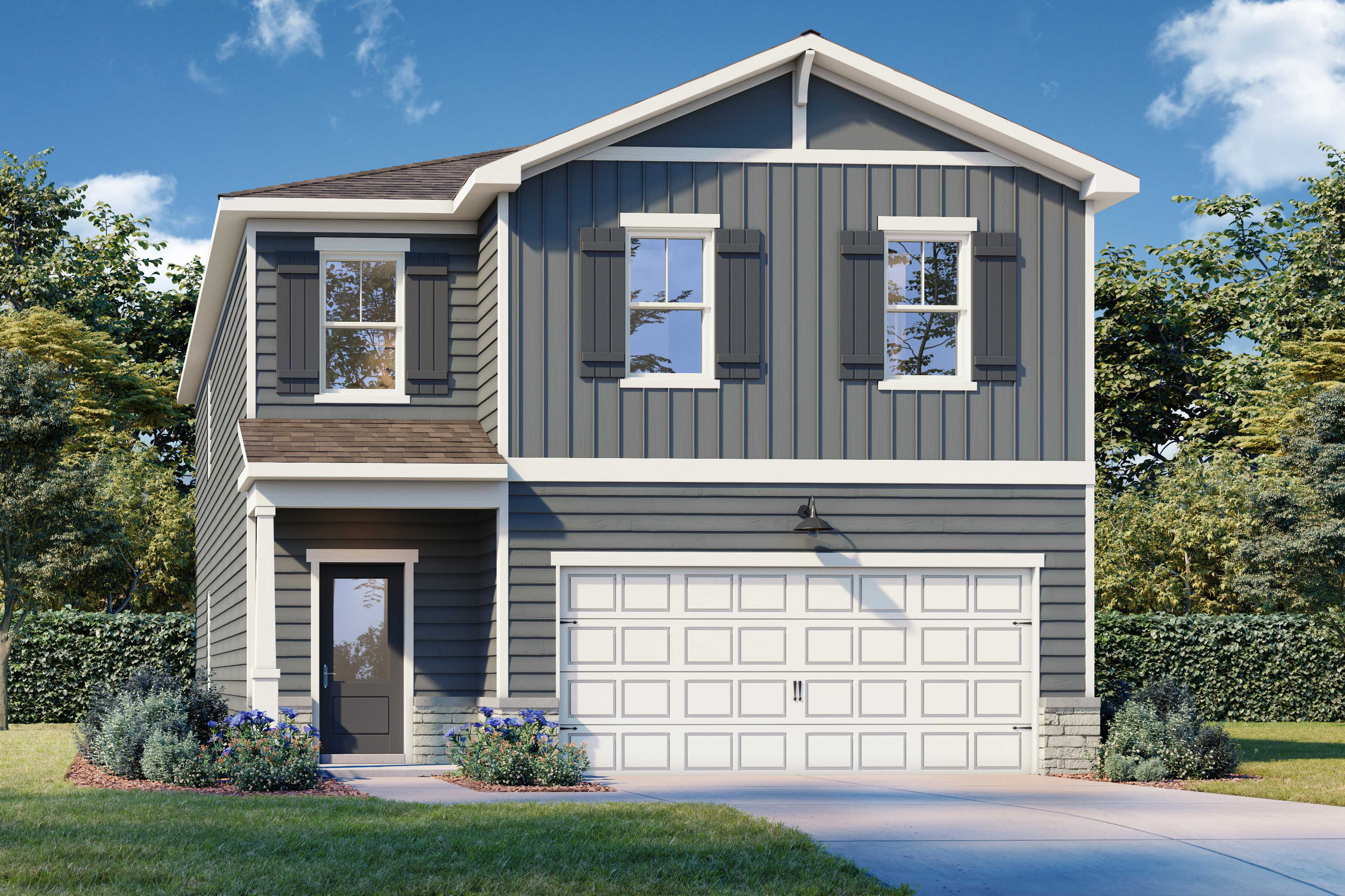 Two-story The Rabun B home exterior with gray siding, gabled roof, covered porch, and two-car garage amid landscaped yard in Canton, GA