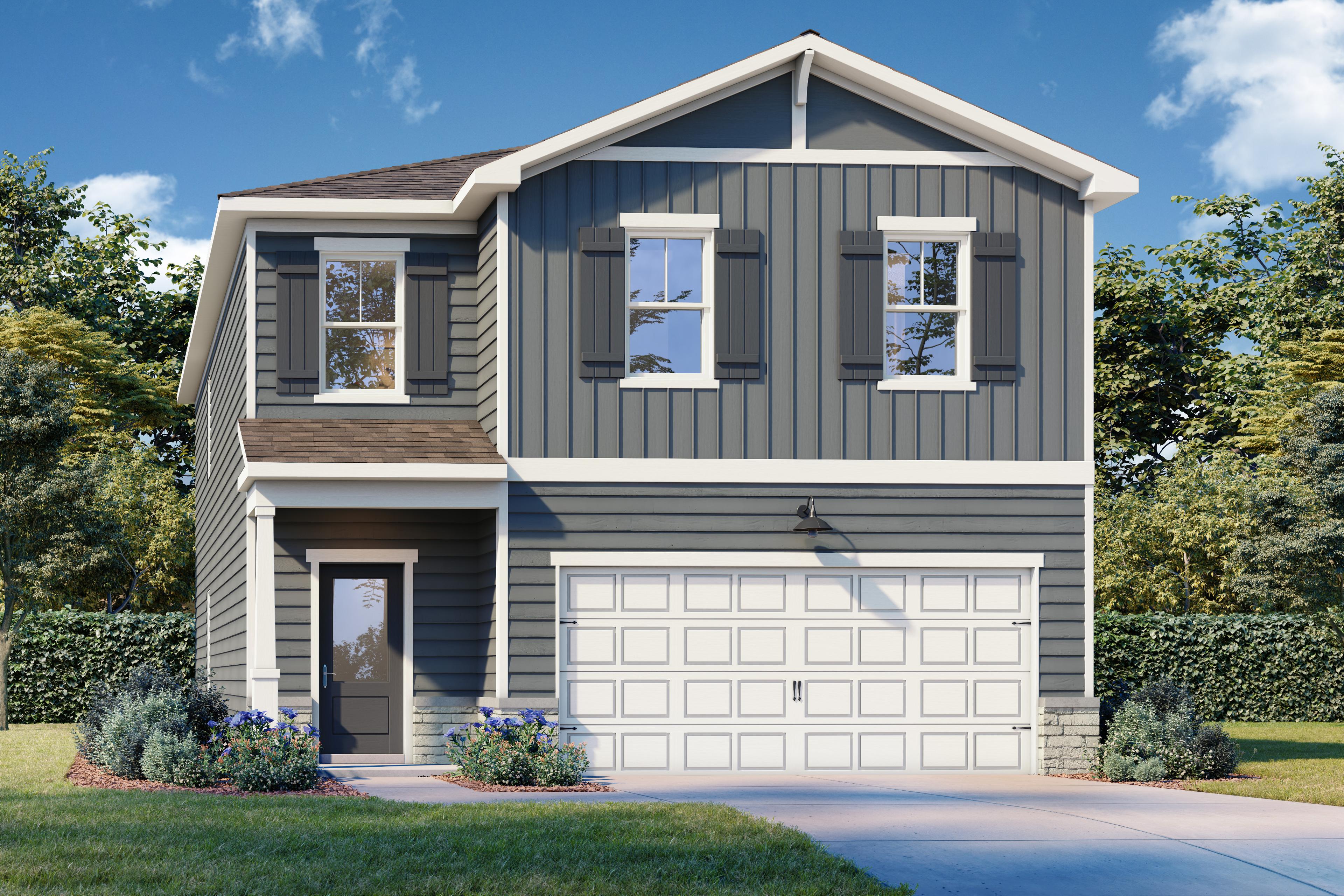 Two-story The Rabun B home exterior with gray siding, gabled roof, covered porch, and two-car garage amid landscaped yard in Canton, GA