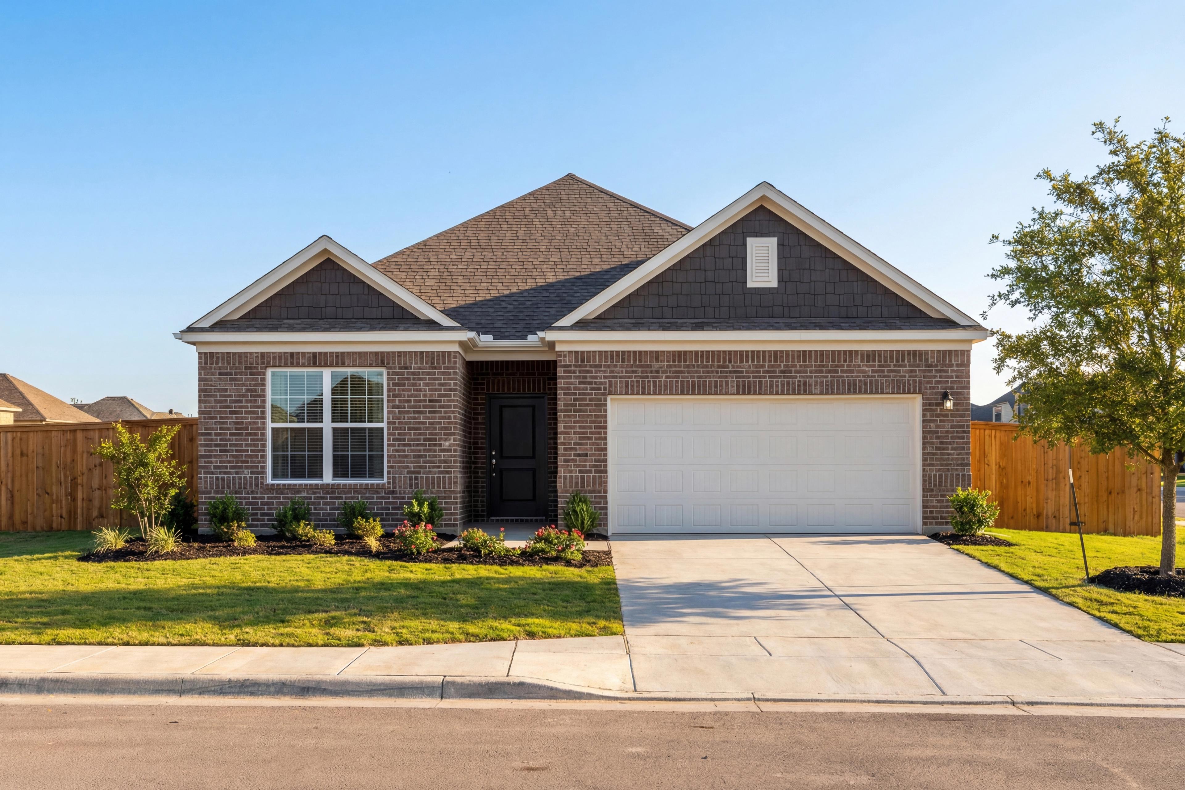 Modern brick facade of The Holly N single-story home in Royse City, Texas, with 2-car garage, gabled roof, and landscaped yard