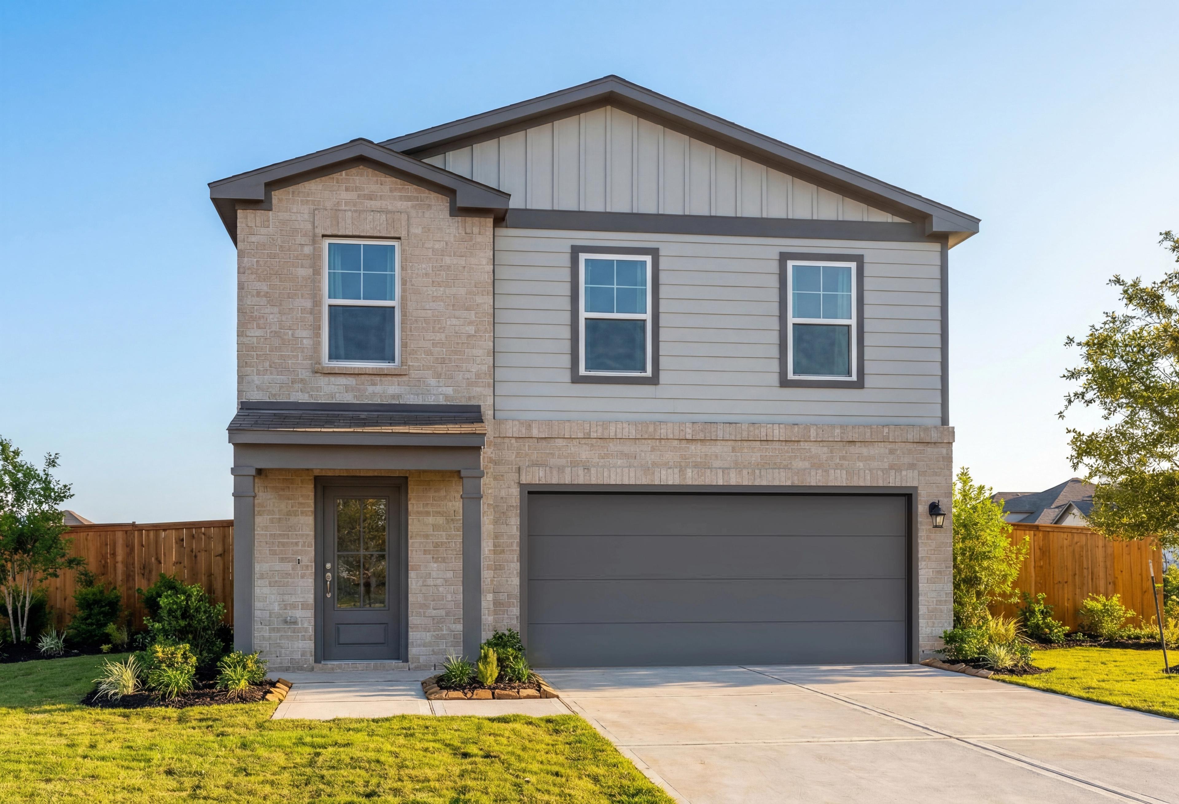 Two-story Trinity home elevation with brick base, gray siding, 2-car garage, and landscaped yard in Magnolia, Texas