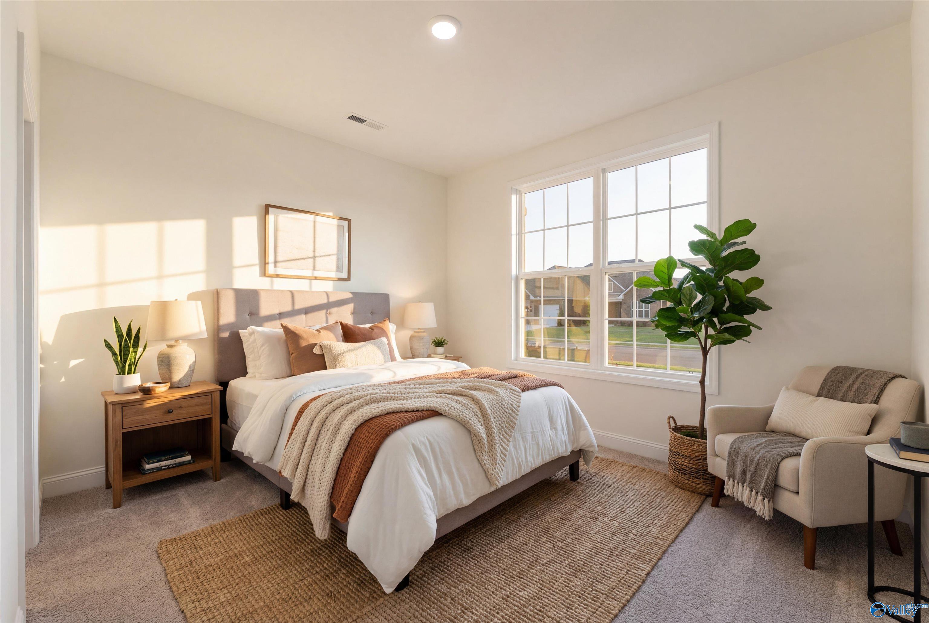 Cozy bedroom with plush king bed, neutral tones, large window, ficus plant, armchair in Davidson Homes The Rockford B, Toney, Alabama