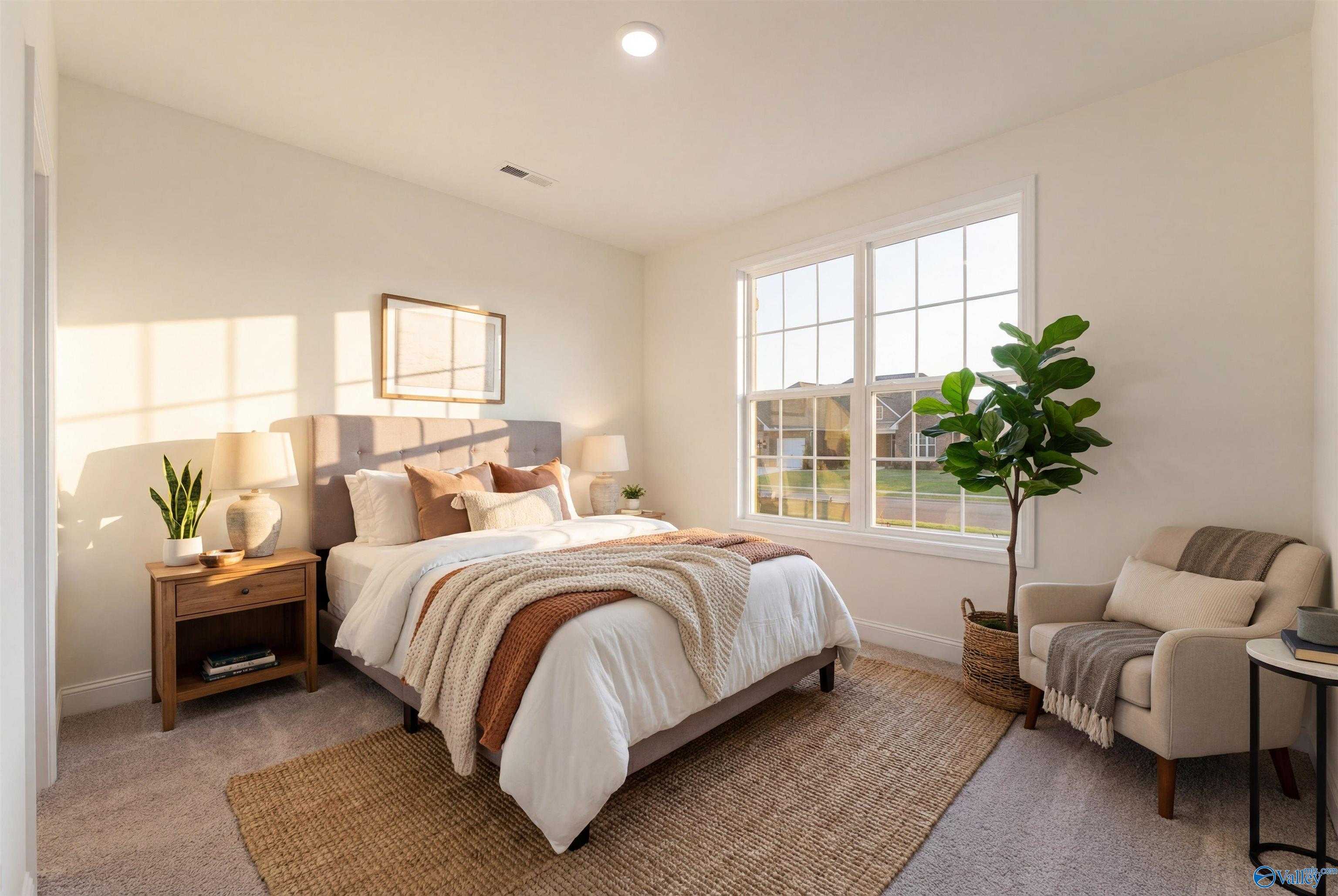 Cozy bedroom with plush king bed, neutral tones, large window, ficus plant, armchair in Davidson Homes The Rockford B, Toney, Alabama