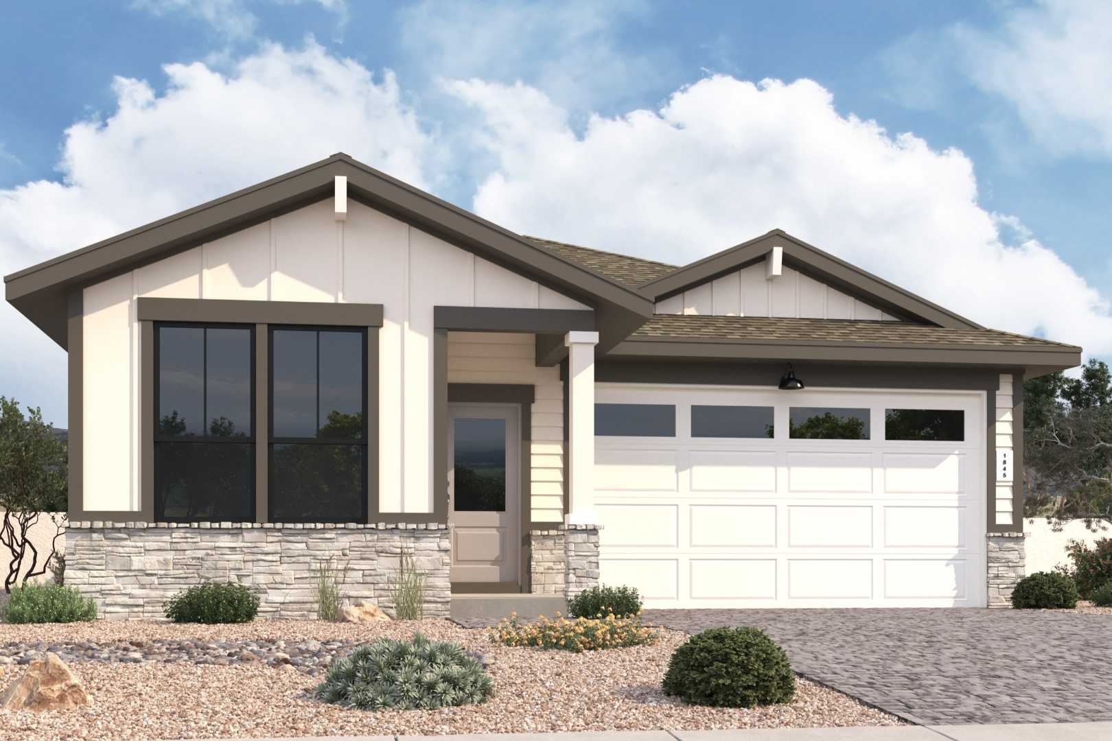 Modern single-story elevation of The Nantucket B with beige siding, stone accents, large windows, and 2-car garage in Prescott Arizona