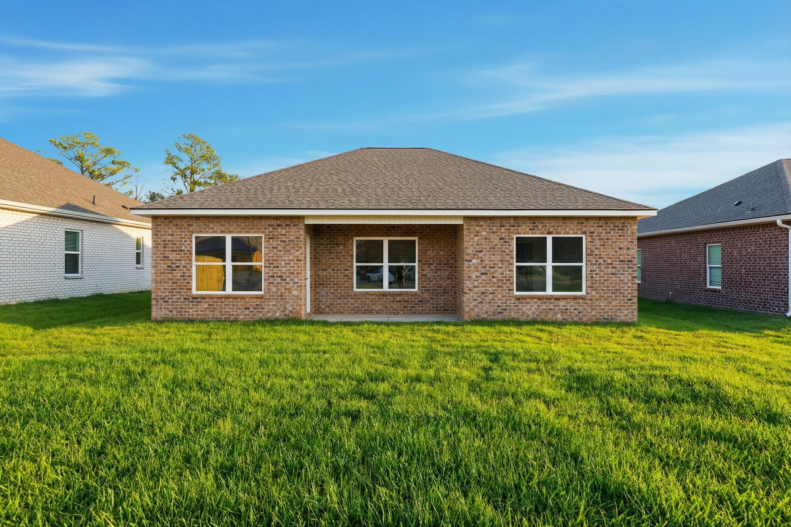 Brick gable-roof home exterior at Mooresville Station in Tanner, Alabama with covered front porch and lush green lawn