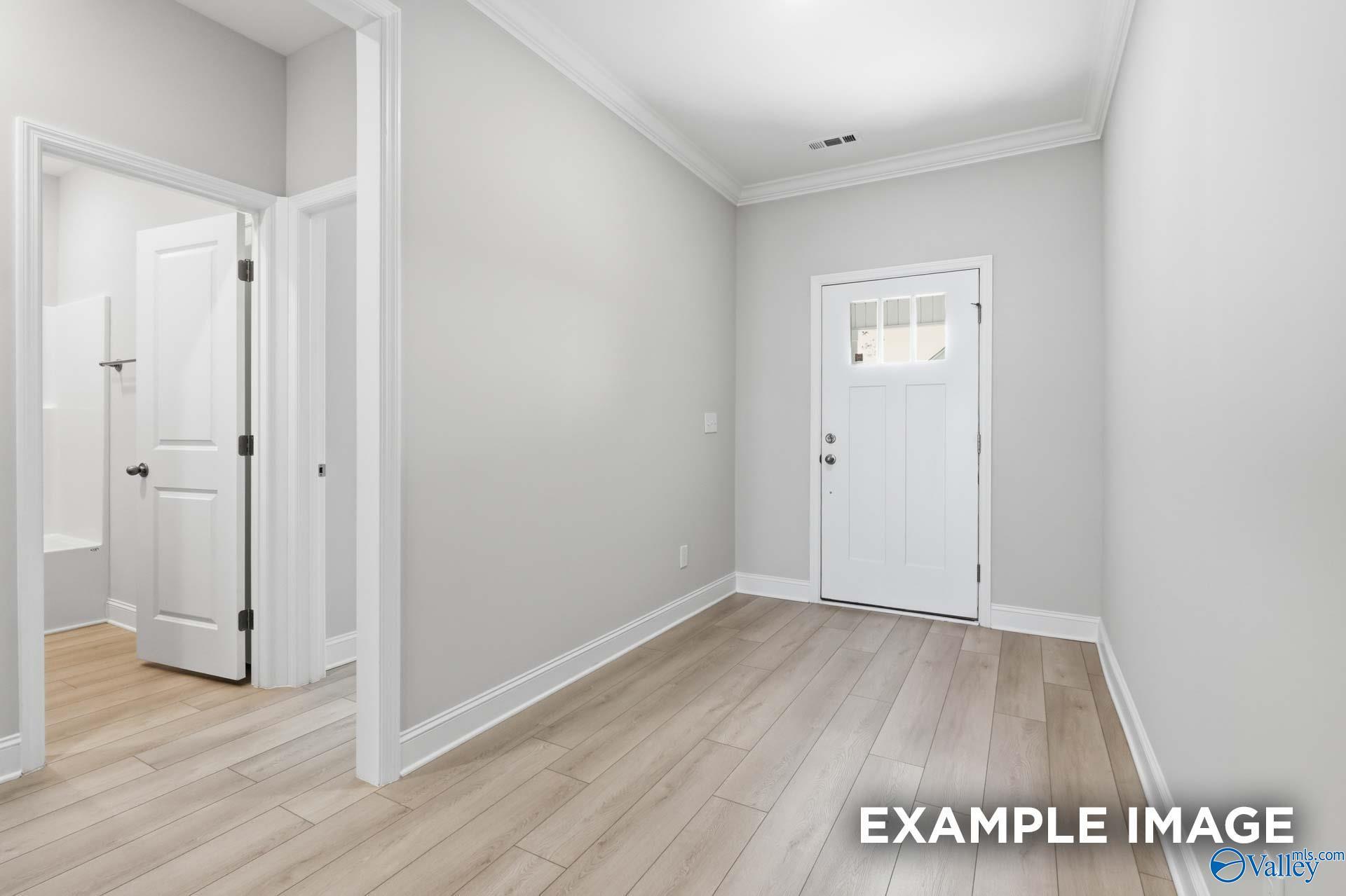 Spacious mudroom with gray walls, laminate flooring, adjacent bathroom, and glass-paneled door in Davidson Homes Harrison C, Madison, Alabama