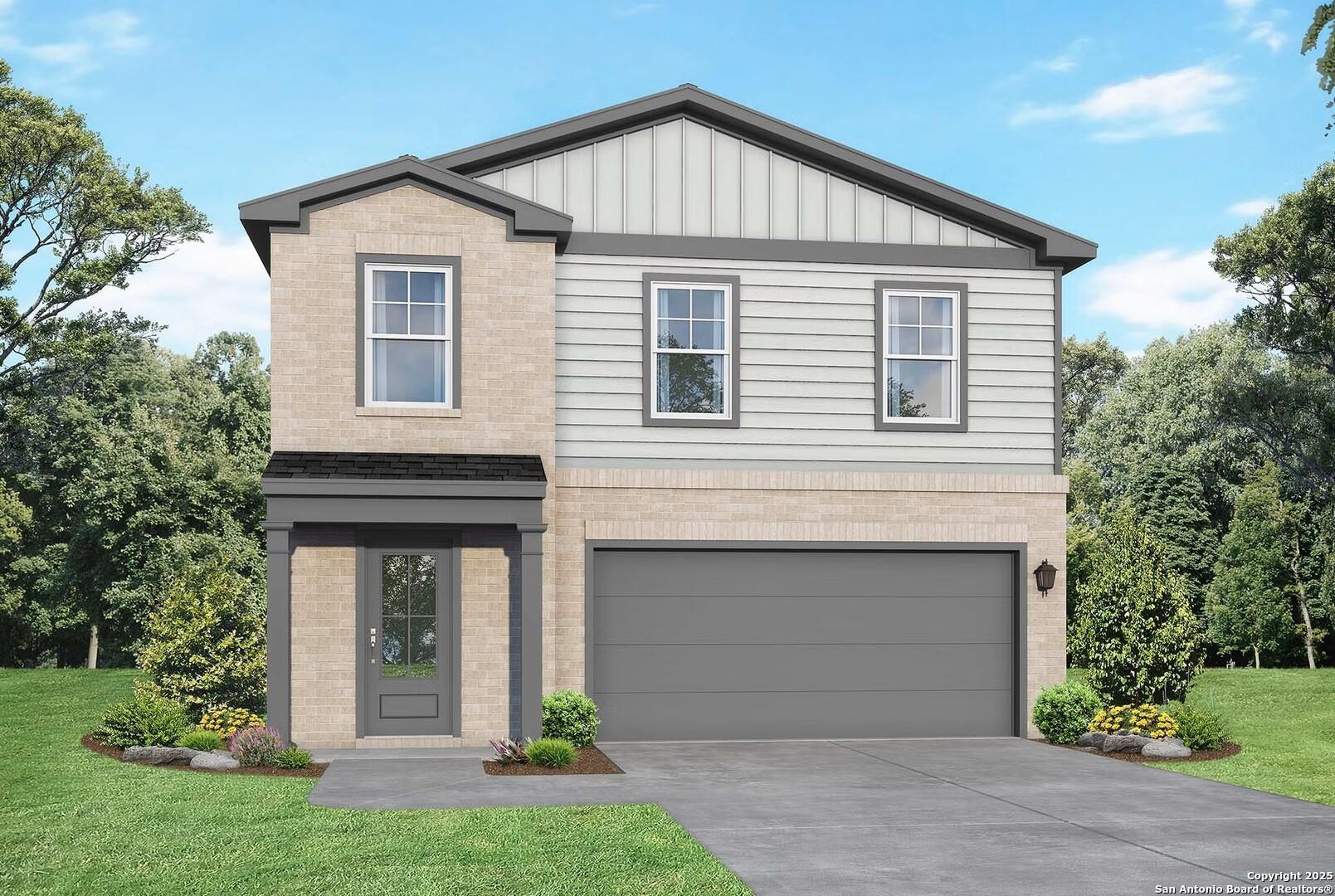 Modern 2-story home with brick facade, gray siding, 2-car garage, and front landscaping in Agave, San Antonio, Texas - Davidson Homes Trinity D