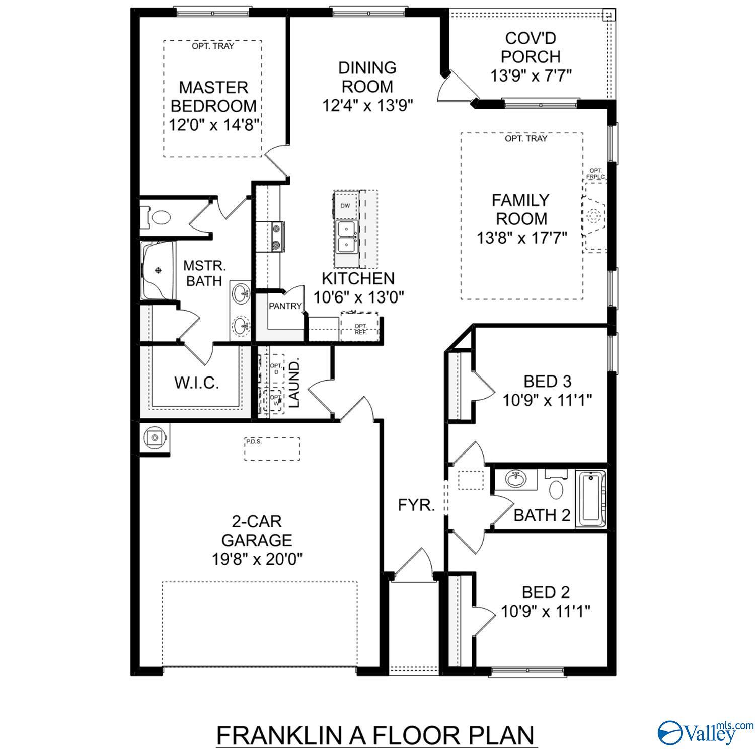 Franklin A floor plan featuring 3 bedrooms, 2 baths, and 2-car garage in Noble Ridge, Cullman, Alabama.