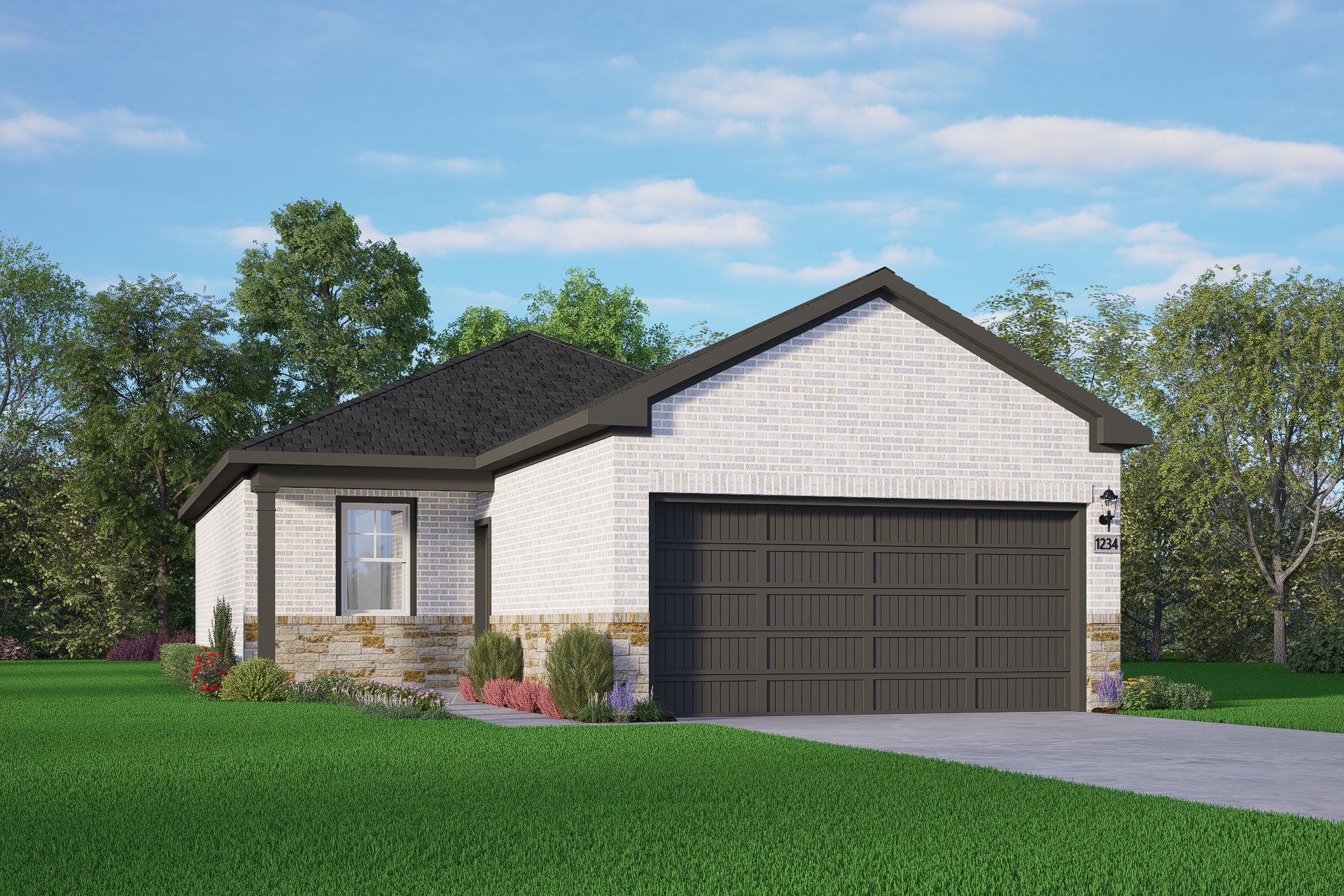 Single-story The Comal G home elevation with white brick and stone facade, dark 2-car garage, covered porch, trees, shrubs, and lush lawn in Magnolia Texas