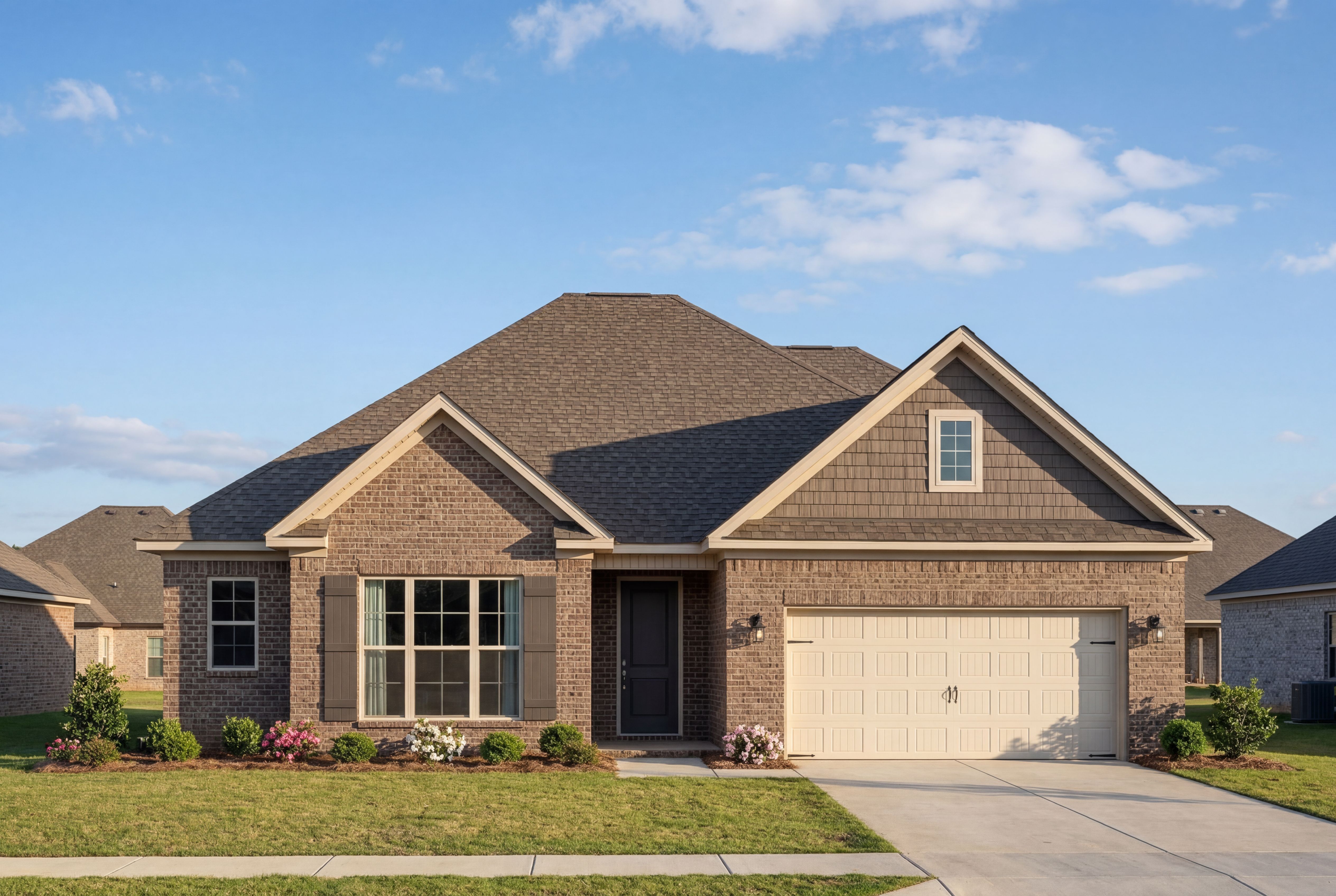 Two-story Montgomery B home elevation featuring brick and siding exterior, gabled shingle roof, two-car garage, and lush front yard landscaping