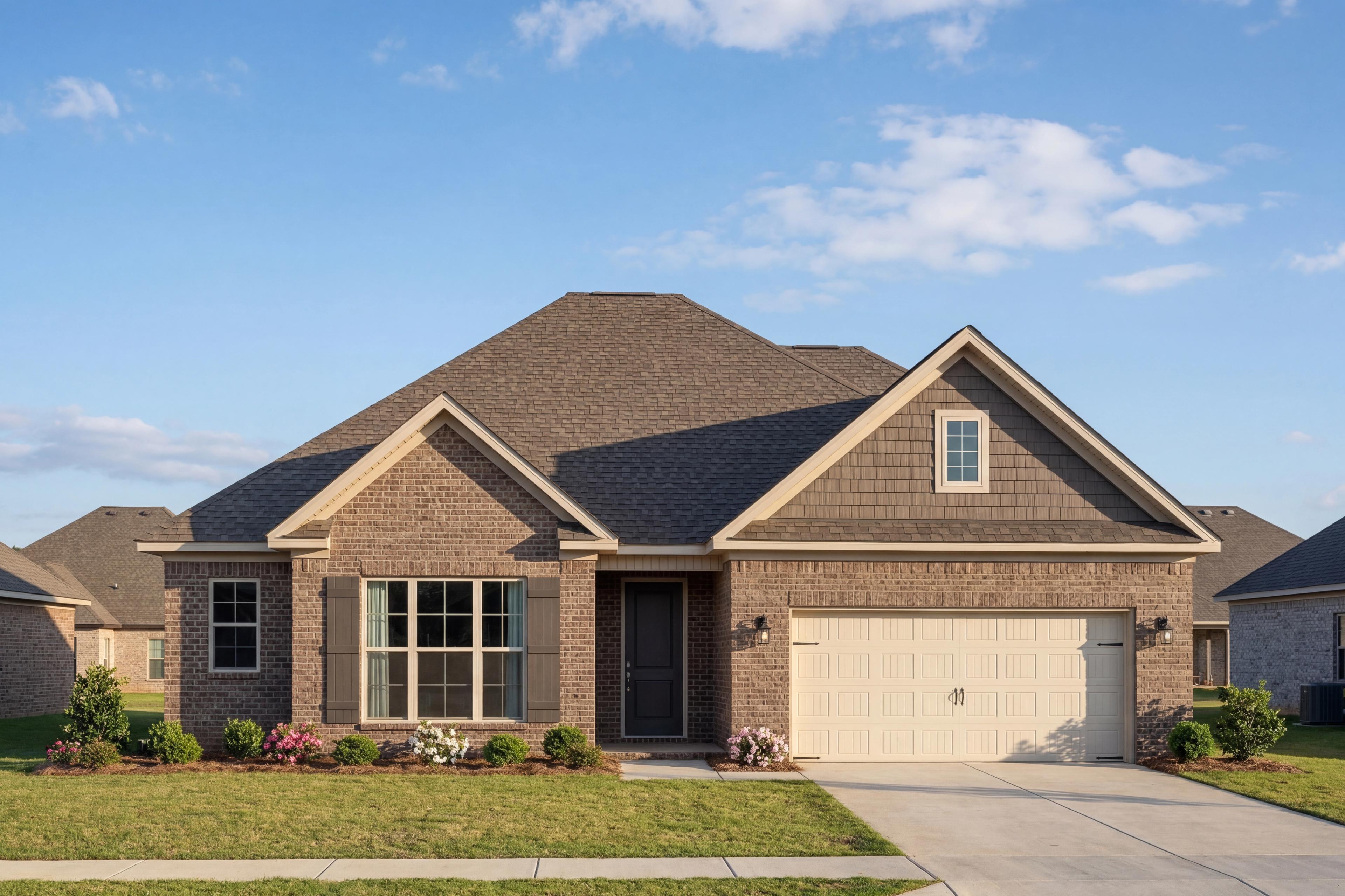 Two-story Montgomery B home elevation featuring brick and siding exterior, gabled shingle roof, two-car garage, and lush front yard landscaping