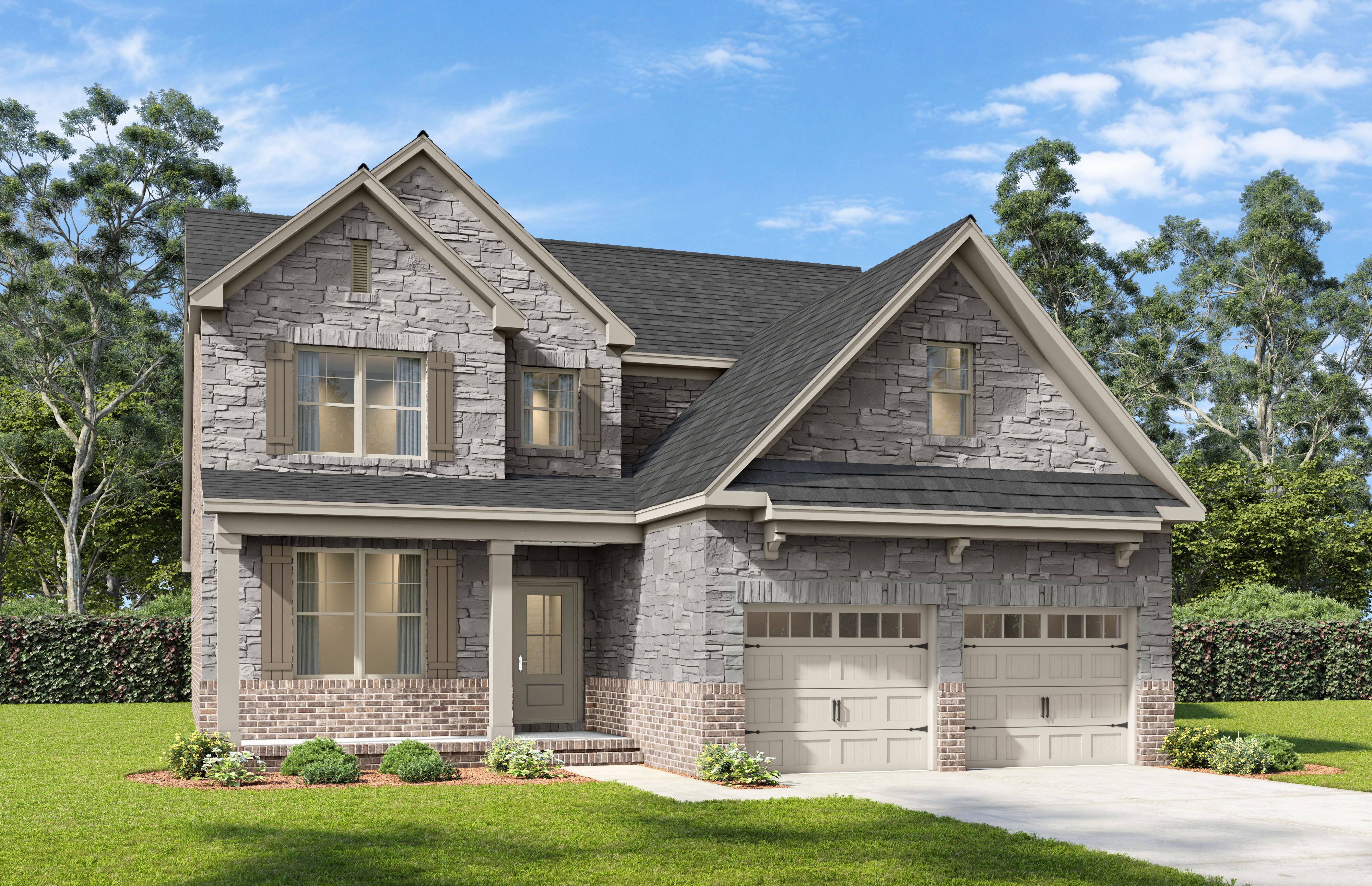 Two-story stone and brick exterior elevation of The Ash B-BF home design featuring a two-car garage and classic gable rooflines.