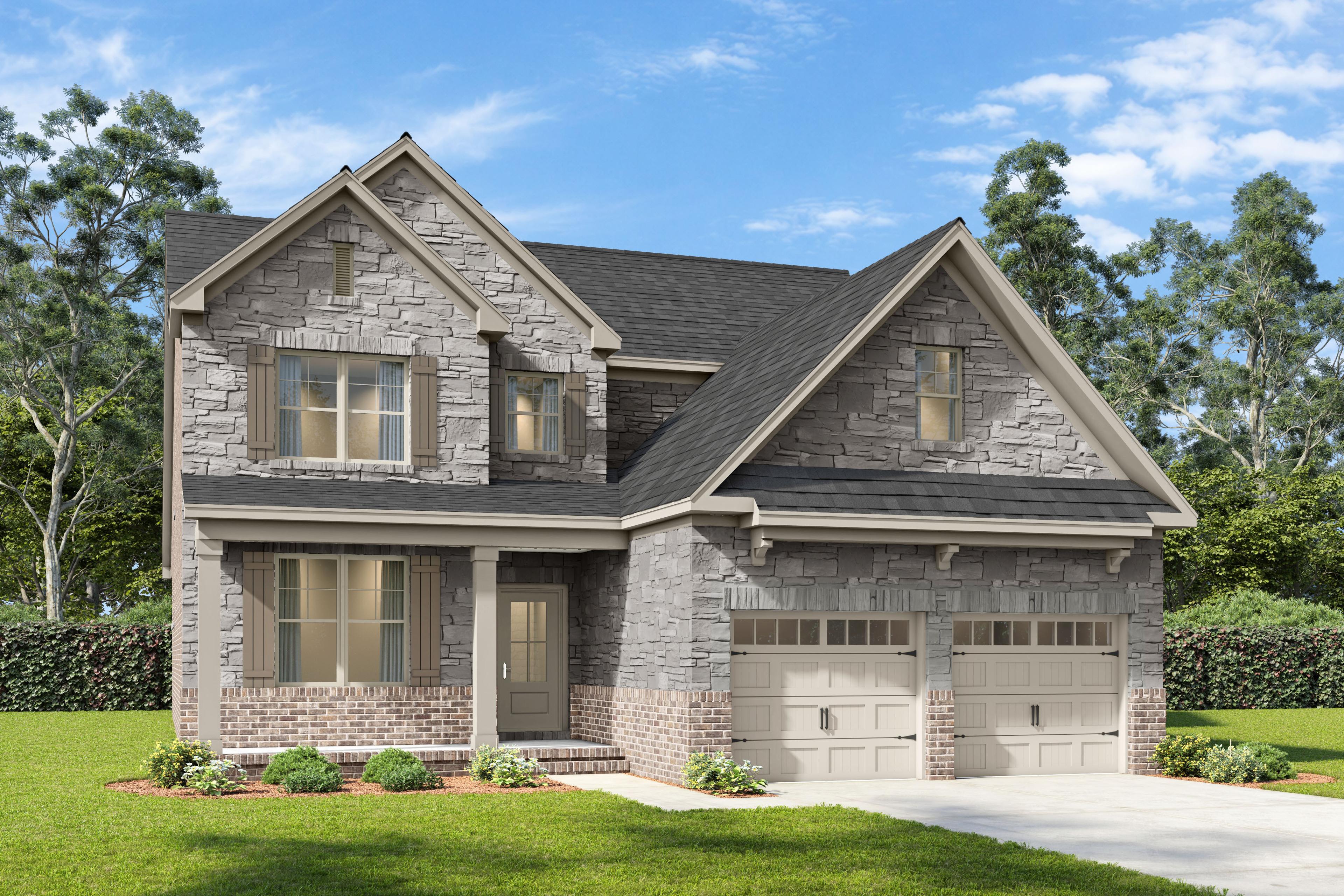 Two-story stone and brick exterior elevation of The Ash B-BF home design featuring a two-car garage and classic gable rooflines.