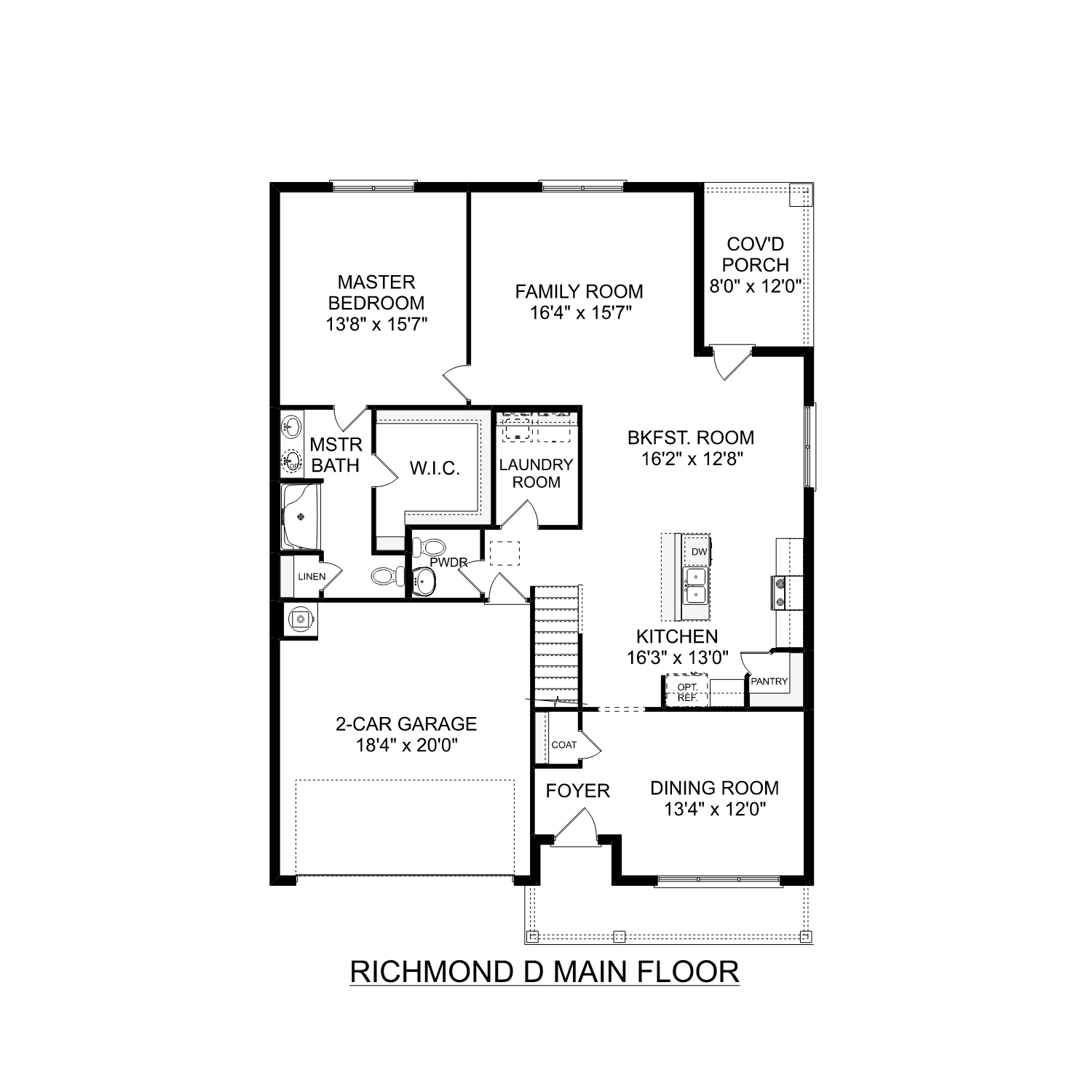 First floor plan of The Richmond D featuring an open kitchen, family room, and master suite on the main level.